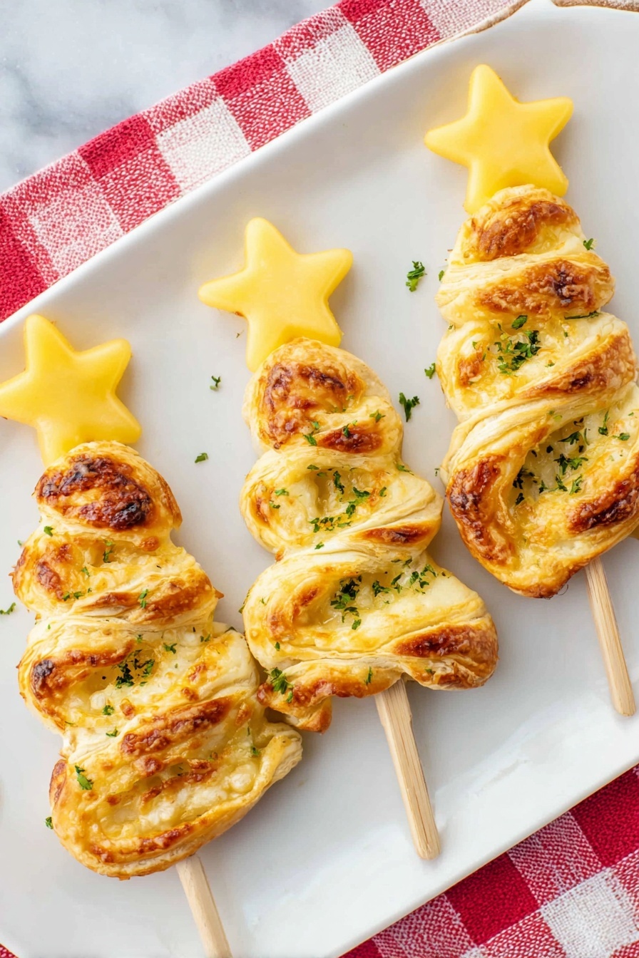 Three twisted, golden-baked puff pastry sticks are arranged on a long white plate, each shaped like a Christmas tree with three swirled layers showing light yellow dough and toasted brown spots. At the top of each pastry tree is a small, bright yellow star made from cheese, attached to the pastry by a wooden skewer. The pastries are sprinkled with small green herb flakes, adding a fresh look. The plate sits on a white marbled surface with a red-and-white checkered cloth partially visible underneath near the edges. Photo taken with an iphone --ar 2:3 --v 7 - Christmas Puff Pastry Trees, Christmas Puff Pastry Appetizers, Holiday Puff Pastry Recipes, Easy Christmas Party Snacks, Festive Puff Pastry Bites