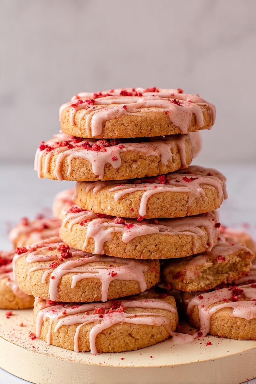 A white round plate holds about twenty light brown round cookies stacked in a slightly uneven pile. Each cookie is drizzled with light pink icing in thin lines and small blobs. Red crumbles are scattered on top of the icing and cookies, with a few pieces fallen on the white marbled surface below. The cookies have a rough texture and the icing looks smooth and creamy. photo taken with an iphone --ar 2:3 --v 7 - Strawberry Shortbread Cookies with Strawberry Glaze, easy strawberry shortbread cookies, homemade strawberry cookies, fruity shortbread crust, summer cookie recipes