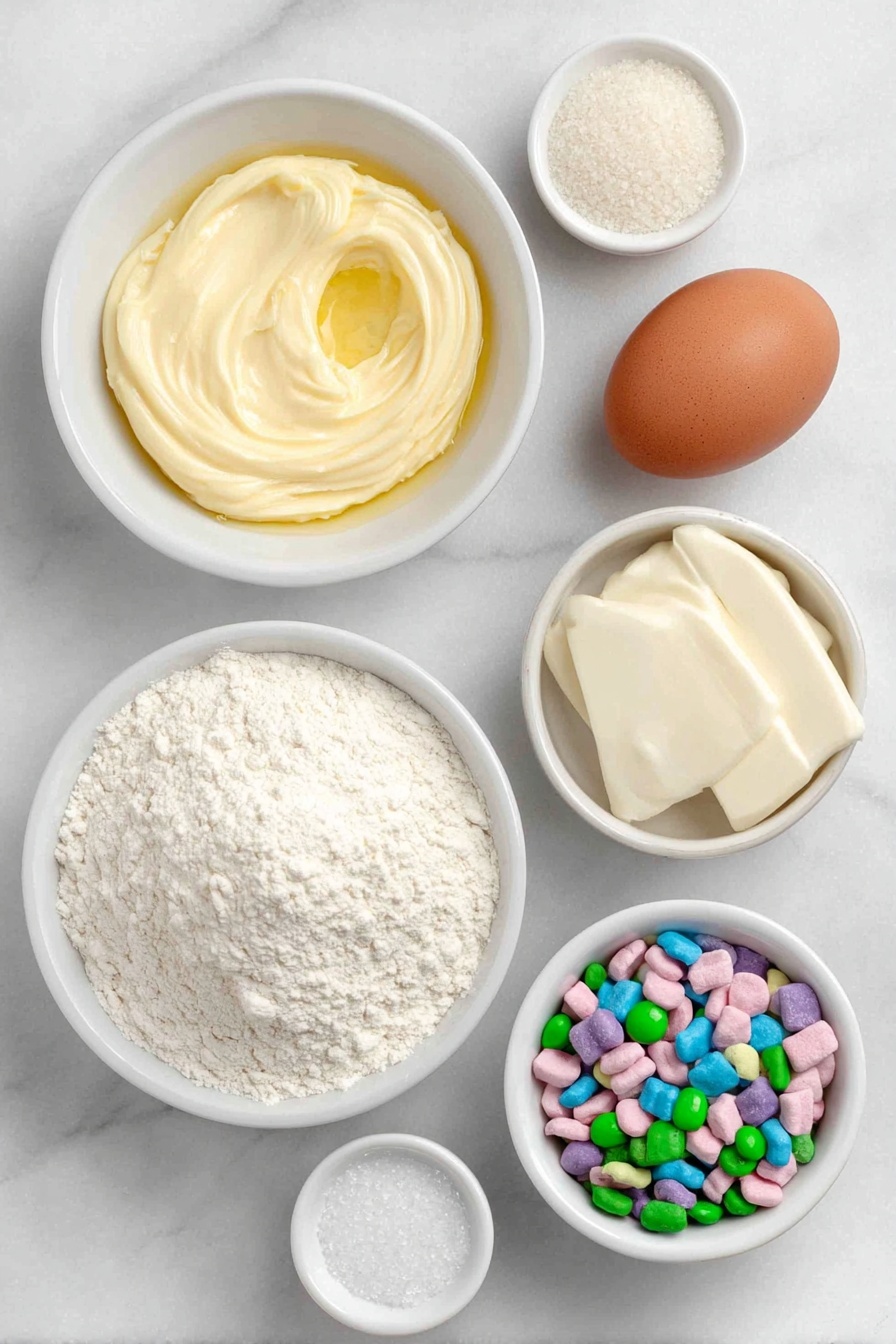 Flat lay of melted golden butter in a small white ceramic bowl, a neat pile of all purpose flour next to a small mound of fine cornstarch, white baking powder, and pale beige baking soda arranged side by side, a small heap of coarse salt, a white ceramic bowl filled with sparkling granulated sugar, a single large brown egg and a single large egg yolk resting on the surface, a small white bowl holding clear vanilla extract, colorful Lucky Charms marshmallows scattered in a white ceramic bowl, and a small white bowl containing extra sugar crystals, all perfectly spaced and symmetrical, placed on a clean white marble surface, soft natural light, photo taken with an iPhone, professional food photography style, fresh ingredients, white ceramic bowls, no bottles, no duplicates, no utensils, no packaging --ar 2:3 --v 7 --p m7354615311229779997 - Lucky Charms Marshmallow Cookies, colorful cookie recipes, easy marshmallow cookies, fun cereal cookies, nostalgic baked treats