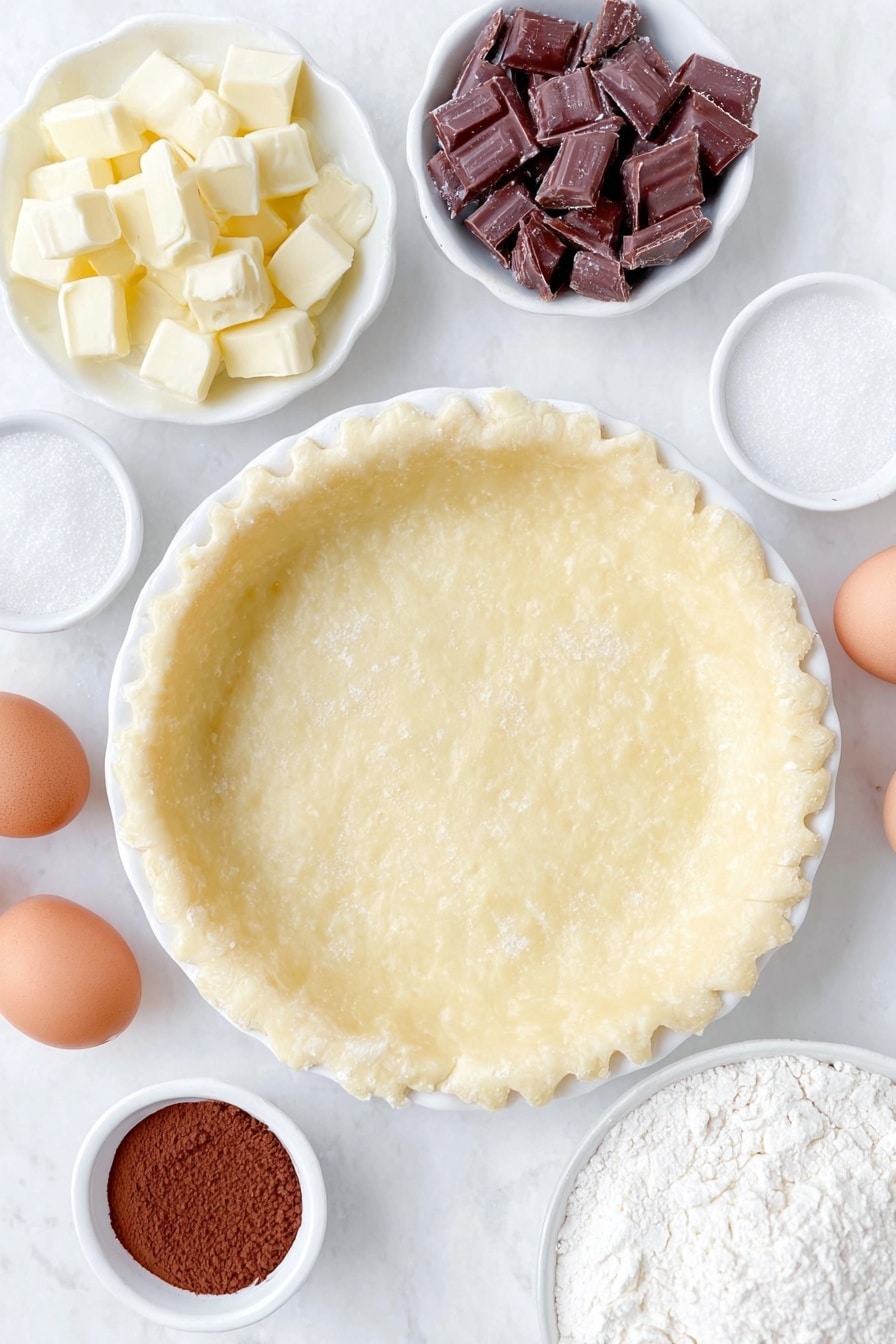 Flat lay of a rolled out round pie crust dough, a small pile of unsalted butter cubes, roughly chopped dark chocolate chunks, a small white bowl of maple sugar, a small white bowl with fine espresso powder, a few whole brown eggs with clean shells, a small white bowl of Dutch process cocoa powder, a small white bowl of all purpose flour, and a pinch of salt arranged in a balanced and symmetrical composition on a simple white ceramic plate and bowls placed on a clean white marble surface, soft natural light, photo taken with an iPhone, professional food photography style, fresh ingredients, white ceramic bowls, no bottles, no duplicates, no utensils, no packaging --ar 2:3 --v 7 --p m7354615311229779997 - Maple Brownie Pie with Chocolate and Espresso, chocolate espresso pie, indulgent brownie pie, coffee-infused dessert, easy decadent pie