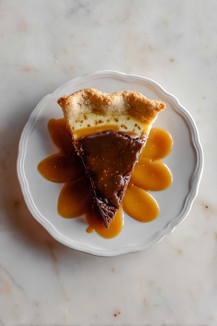The image shows a slice of chocolate pie with two visible layers: a thin, light beige crust on the bottom and a thick, dark brown chocolate filling above it. The chocolate layer has a dense, moist texture. The pie slice is dusted lightly with white powdered sugar on top. In the background, more pie slices and stacked flatbreads with a soft beige color and slightly uneven texture can be seen against a black backdrop. The scene rests on a white marbled surface with some crumbs around. Photo taken with an iphone --ar 2:3 --v 7 - Maple Brownie Pie with Chocolate and Espresso, chocolate espresso pie, indulgent brownie pie, coffee-infused dessert, easy decadent pie