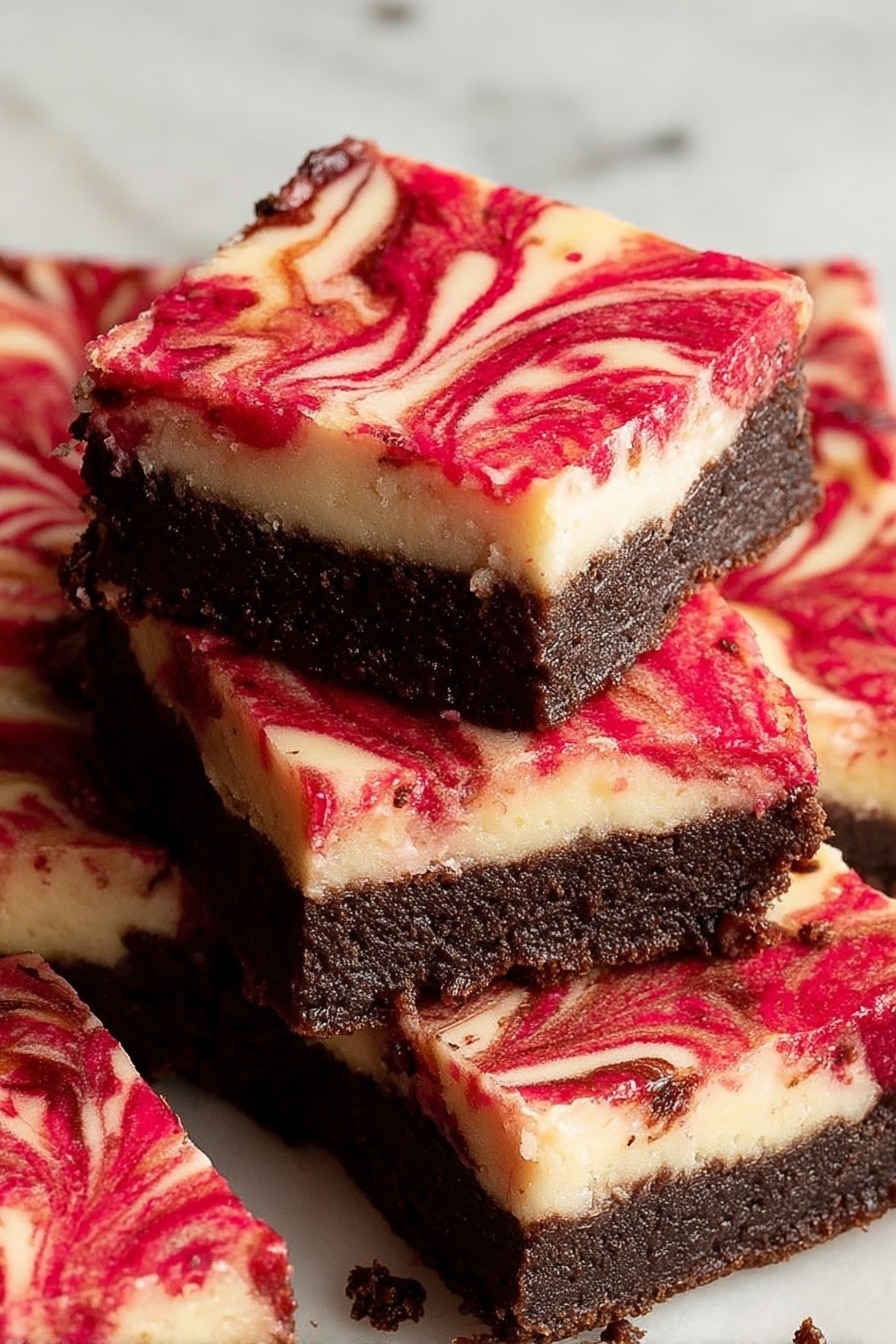 The image shows a stack of three square dessert bars on a white plate, placed on a white marbled surface. Each bar has two layers: a thick, dark brown bottom layer with a moist, dense texture and a lighter creamy top layer that looks slightly rough and creamy white. The top layer is decorated with thin swirls of bright pink sauce that add a splash of color. The stack is photographed close-up with a dark background that contrasts with the dessert's colors. Photo taken with an iphone --ar 2:3 --v 7 - Blackberry Swirl Cheesecake Brownies, chocolate cheesecake brownies with blackberry, berry swirl brownie dessert, fudgy blackberry cheesecake bars, easy blackberry brownie recipe