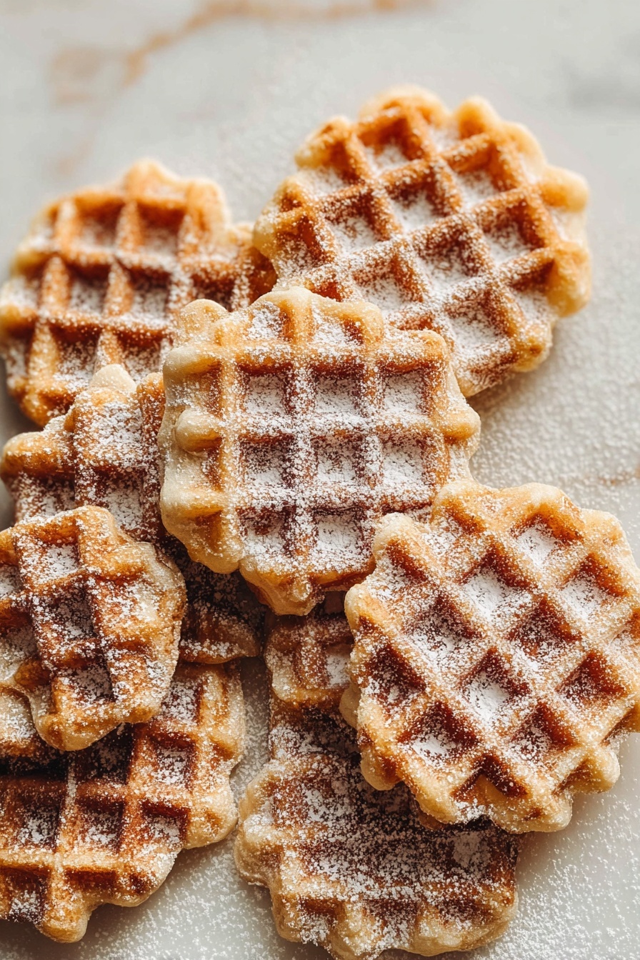 A pile of golden brown mini waffles stacked on a white marbled surface, each waffle showing a crisp grid pattern with some edges slightly uneven and textured. The waffles have a light dusting of powdered sugar evenly spread on top and around them, adding a soft white contrast to the warm tones. The stack is relaxed and casual, with some waffles resting flat and others leaning against each other, creating a sense of depth and layering. photo taken with an iphone --ar 2:3 --v 7 - Vanilla Waffle Cookies, vanilla waffle cookies recipe, easy waffle cookies, crispy waffle cookies, homemade waffle cookies