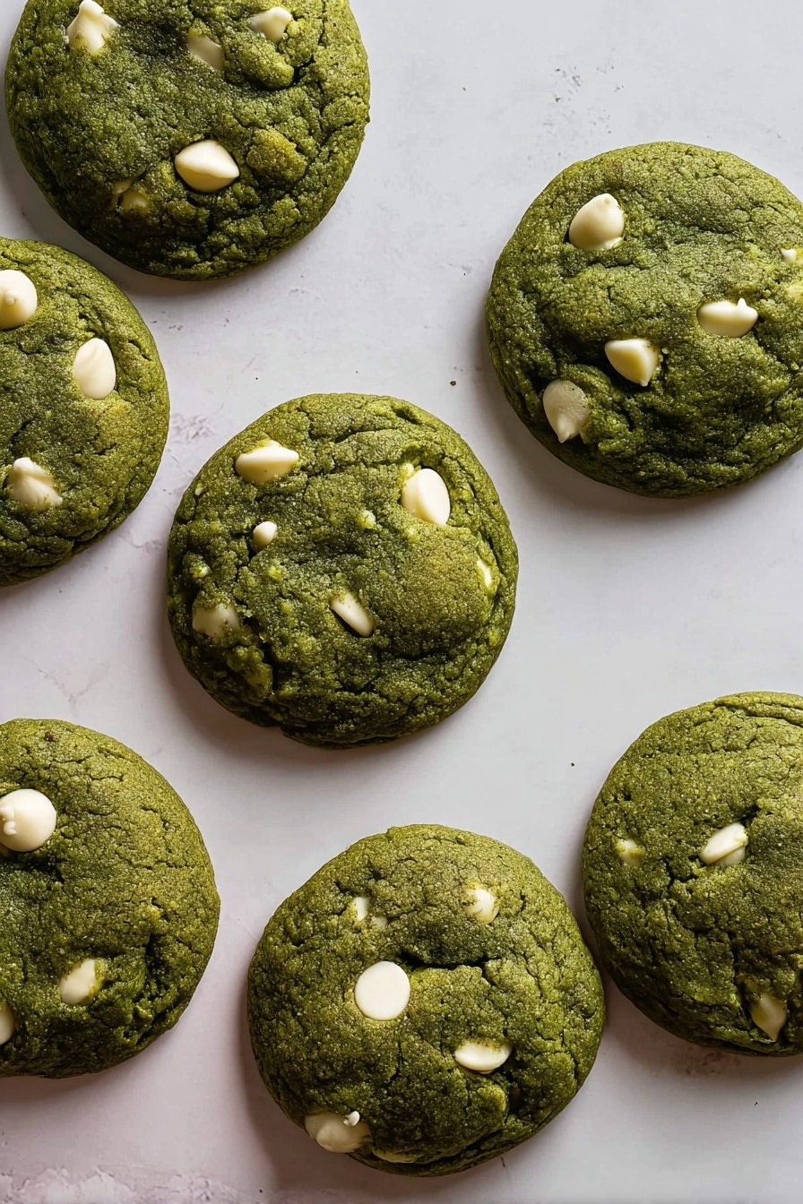 The image shows three round cookies with a rough texture, colored dark green with white chips spread on top. The cookies are arranged close together on a white marbled surface, with one cookie in the center and two partially visible on the edges. The white chips are unevenly placed, some partly melted into the cookie, giving a bumpy look. The cookies have slight cracks and a soft appearance with a firm edge. The photo taken with an iphone --ar 2:3 --v 7 - Matcha Cookies with White Chocolate, matcha white chocolate cookies, green tea cookies, easy matcha cookie recipe, healthy white chocolate cookies