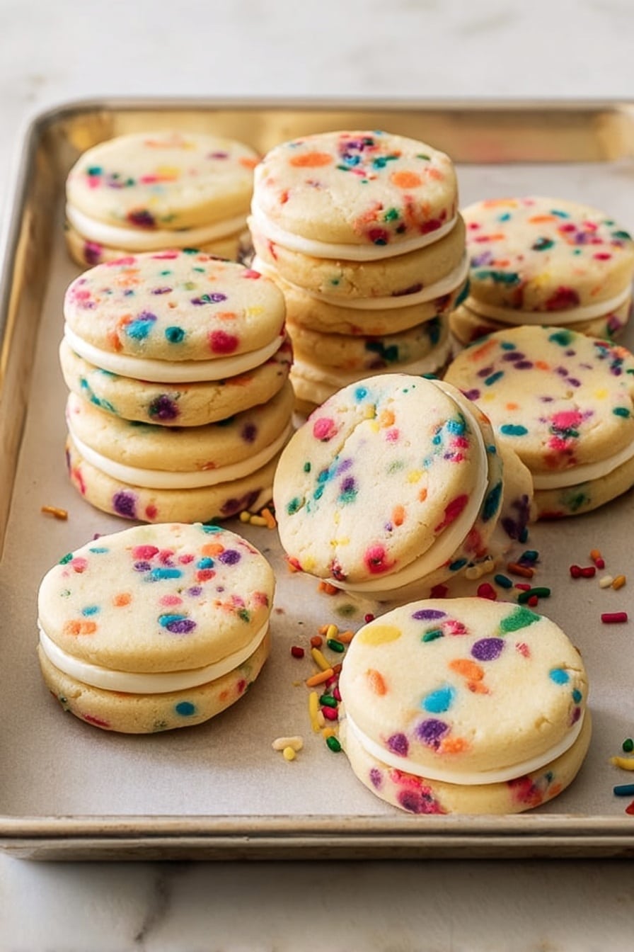 The image shows many sandwich cookies on a baking tray over a white marbled surface. Each cookie has two round, pale yellow layers mixed with small, colorful bits in red, blue, green, purple, orange, and pink, making a fun sprinkle pattern. Between the cookie layers, there is a thick, creamy white filling that is smooth and slightly thick, peeking out evenly around the edges. The cookies are stacked in groups and lie close together, some standing straight and some leaning. The baking tray is metallic with a shiny look, and there is a thin sheet of clear paper underneath the cookies. The lighting is bright and natural, highlighting the soft texture of the cookies and the creaminess of the filling. photo taken with an iphone --ar 2:3 --v 7 - Funfetti Sandwich Cookies with Cream Cheese Frosting, colorful funfetti cookie recipe, easy festive sandwich cookies, soft sugar cookies with frosting, birthday cookie treats