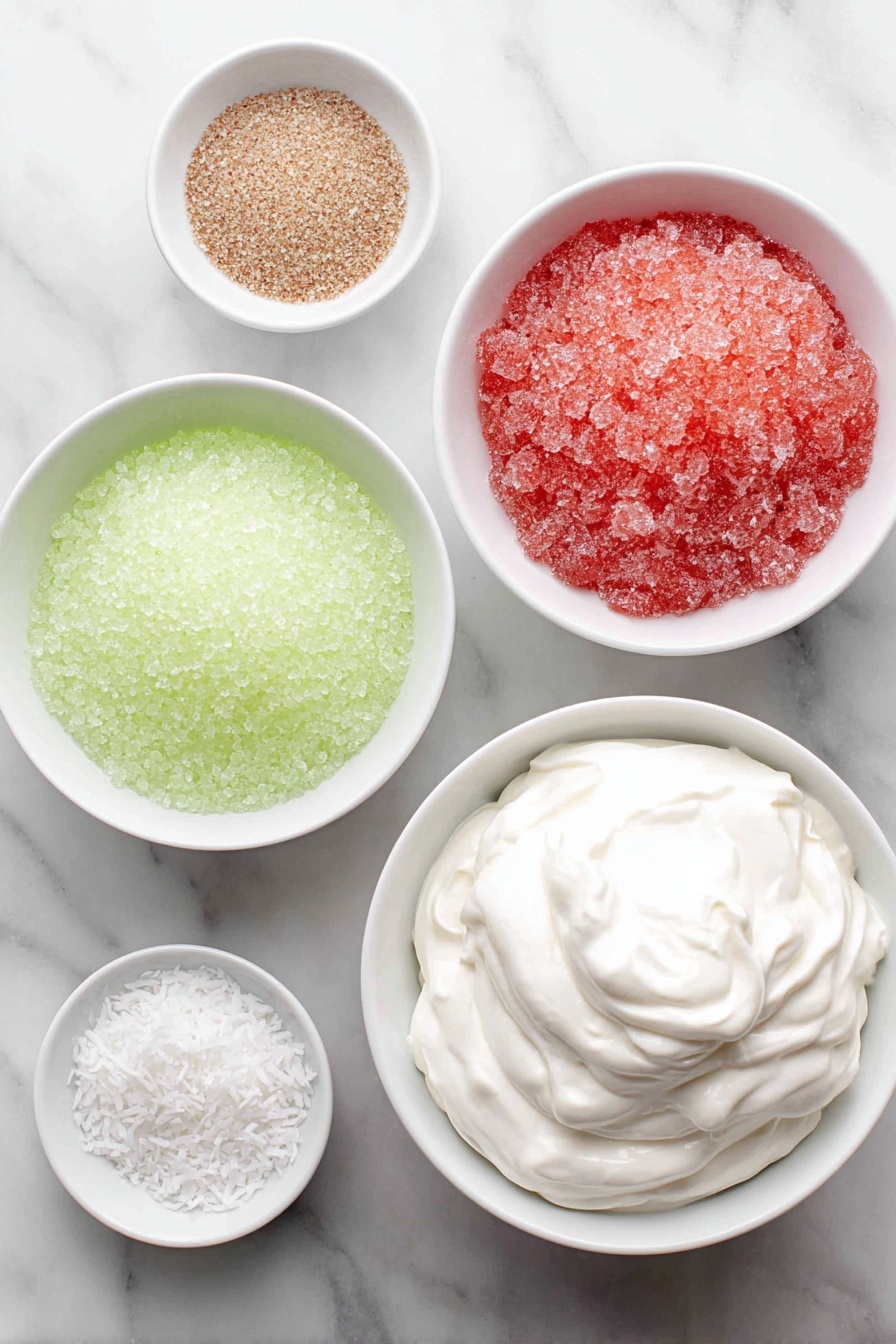 Flat lay of two medium simple white ceramic bowls, one filled with bright green lime gelatin powder, the other with vivid red strawberry gelatin powder; beside them, two small white bowls, each holding a small mound of fine sweetened desiccated coconut; a larger white ceramic bowl with a generous portion of smooth plain Greek yogurt; all ingredients fresh and natural, arranged in perfect symmetry, placed on a clean white marble surface, soft natural light, photo taken with an iPhone, professional food photography style, fresh ingredients, white ceramic bowls, no bottles, no duplicates, no utensils, no packaging --ar 2:3 --v 7 --p m7354615311229779997 - Festive Jello Coconut Balls, colorful holiday treats, no-bake coconut desserts, easy holiday snack, party appetizer ideas
