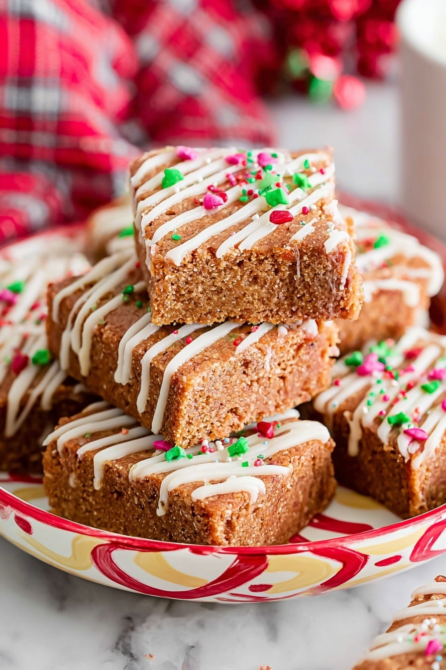 The image shows a white marbled surface with several gingerbread cookies and four square pieces of gingerbread bars. The gingerbread bars have diagonal white icing lines and colorful small round sprinkles on top. The gingerbread cookies are shaped like little people, decorated with white icing outlining their arms and legs, red or pink icing for smiles and details, and small pastel buttons on their chests. The cookies have a brown, slightly cracked texture. A red and white checked cloth is placed in the upper left corner, along with some green pine branches dusted with white snow-like decoration around the edges. Photo taken with an iphone --ar 2:3 --v 7 - Gingerbread Blondies with White Chocolate Drizzle, festive holiday treats, easy gingerbread blondies, white chocolate glazed blondies, holiday dessert idea
