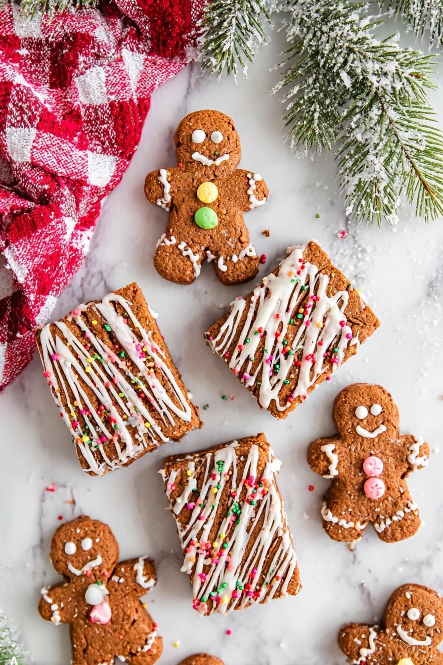 The image shows a stack of five brown square bars with a rough texture, placed inside a round white plate with red and yellow swirl designs. Each bar is decorated with thin white icing lines drizzled diagonally and small, colorful round sprinkles in green, red, pink, and white scattered on top. The bars look soft and moist, and one bar near the front has a small bite taken out, showing the inner texture. The plate sits on a white marbled surface, and a red and white checkered cloth is partially visible in the background. Photo taken with an iphone --ar 2:3 --v 7 - Gingerbread Blondies with White Chocolate Drizzle, festive holiday treats, easy gingerbread blondies, white chocolate glazed blondies, holiday dessert idea