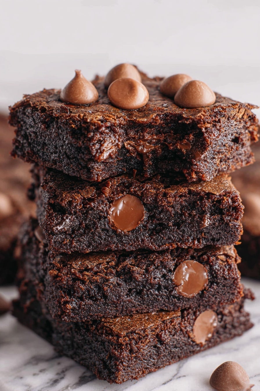 Two thick, square-shaped chocolate brownies are stacked on each other on a white plate set over a white marbled surface. The bottom brownie has a dense, dark brown texture with melted chocolate chips inside, visible near the edges. The top brownie mirrors this with slightly gooey melting chocolate chips embedded throughout and a row of whole chocolate chips lined up on one side of the top surface. The edges of the brownies are slightly rough, showing a rich, crumbly consistency. A blurred, checkered cloth is in the background. Photo taken with an iphone --ar 2:3 --v 7 - Quick Chocolate Cake Mix Brownies, easy chocolate brownie recipe, fudgy brownies with cake mix, simple dessert ideas, quick brownie treats
