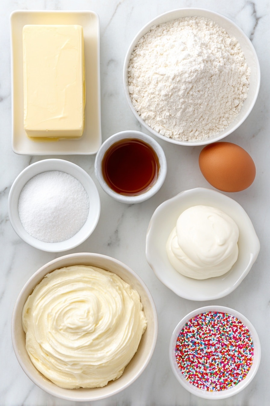 Flat lay of a small slab of unsalted butter, a small white bowl of granulated sugar, one whole brown egg with a clean shell, a small white bowl of full-fat sour cream, a small white bowl of pure vanilla extract, a simple white ceramic bowl containing all-purpose flour, another small white bowl with a mix of baking powder, baking soda, and salt, a simple white ceramic bowl filled with smooth buttercream frosting, a few small dollops of gel food coloring on a white ceramic plate in pastel shades, and a small scattering of colorful sprinkles on a white ceramic dish, all arranged symmetrically and balanced, placed on a clean white marble surface, soft natural light, photo taken with an iPhone, professional food photography style, fresh ingredients, white ceramic bowls, no bottles, no duplicates, no utensils, no packaging --ar 2:3 --v 7 --p m7354615311229779997 - Sour Cream Cookies with Buttercream Icing, sour cream cookie recipe, soft tender cookies, buttery frosting cookies, easy holiday cookies