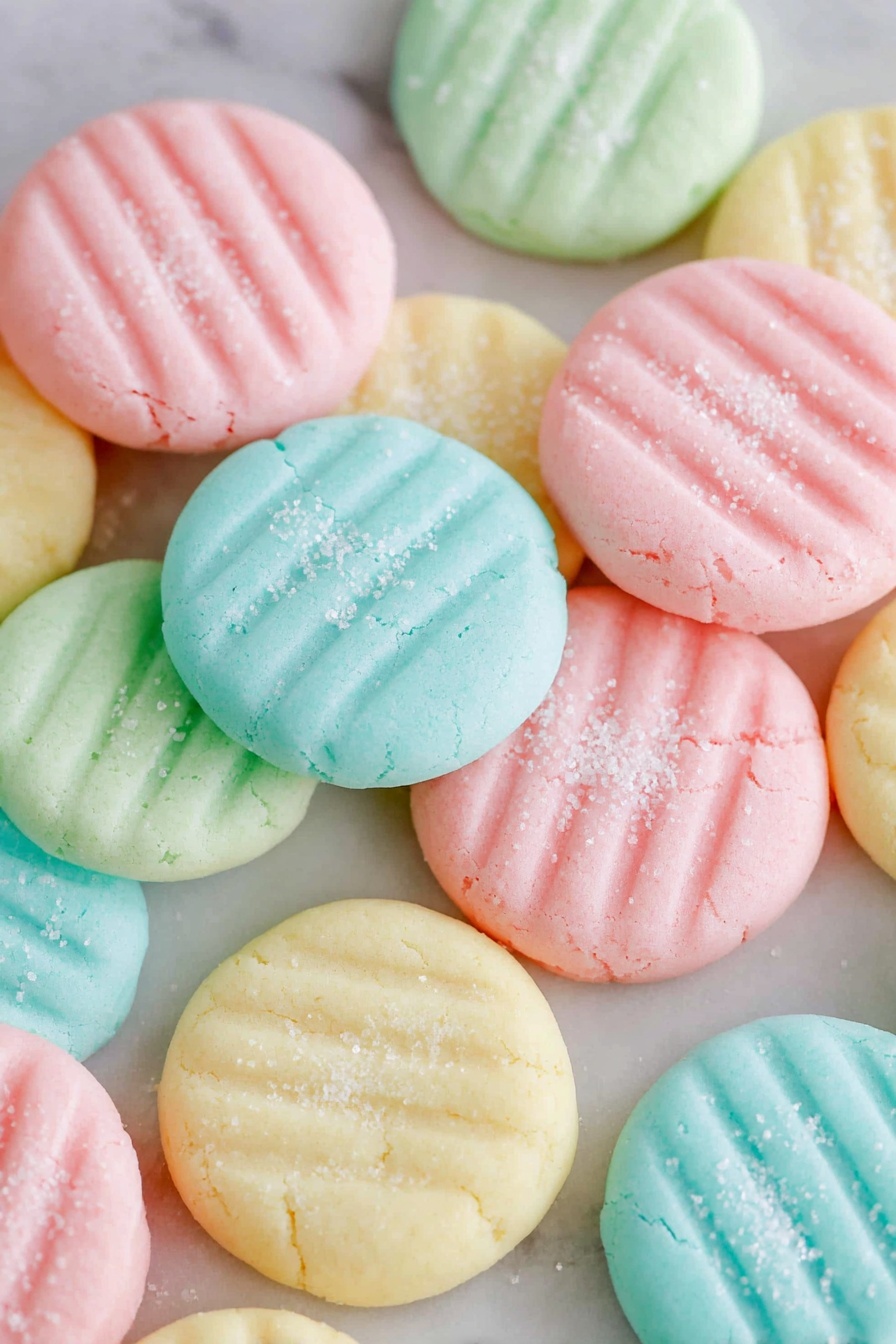 The image shows many soft, round cookies in four pastel colors: pink, light green, pale yellow, and light blue. Each cookie has three small lines pressed into the top, giving a striped texture. The cookies lie scattered across a surface with a white marbled texture, and a few have small white sugar crumbs on top. The cookies have a smooth but slightly cracked surface, showing a soft texture inside. photo taken with an iphone --ar 2:3 --v 7 - Cream Cheese Mint Cookies, mint cookies with cream cheese, colorful mint cookie recipe, soft mint cookies, holiday mint cookie treats