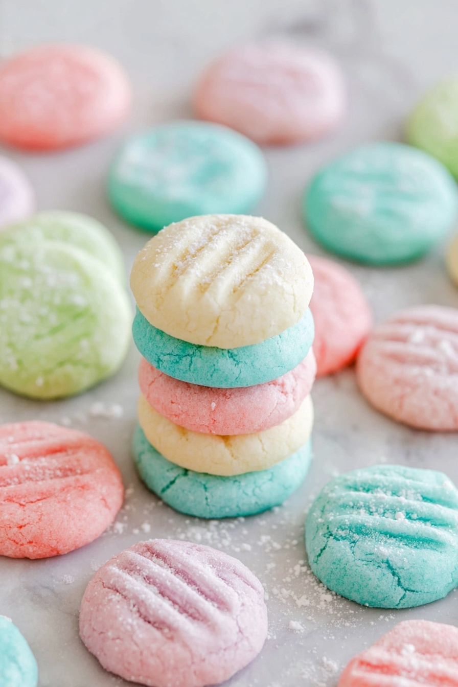 A white bowl filled with round, pastel-colored candies stacked on top of each other. Each candy has three soft ridged lines pressed into the top surface, showing a slightly powdery texture with small white sugar crystals scattered over them. The colors include light pink, pale yellow, soft green, and light blue. The bowl sits on a white marbled surface, with soft natural light highlighting the smooth texture and gentle colors of the candies. photo taken with an iphone --ar 2:3 --v 7 - Cream Cheese Mint Cookies, mint cookies with cream cheese, colorful mint cookie recipe, soft mint cookies, holiday mint cookie treats
