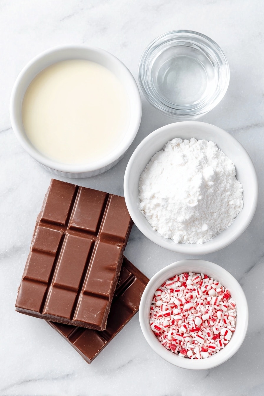 Flat lay of a small white ceramic bowl of thick sweetened condensed milk, a small white ceramic bowl with clear peppermint extract liquid, a simple white ceramic bowl heaped with fine powdered sugar, a solid slab of glossy milk chocolate almond bark, and a small white ceramic bowl of colorful festive sprinkles, all arranged in perfect symmetry placed on a clean white marble surface, soft natural light, photo taken with an iPhone, professional food photography style, fresh ingredients, white ceramic bowls, no bottles, no duplicates, no utensils, no packaging --ar 2:3 --v 7 --p m7354615311229779997 - Homemade Peppermint Patties, peppermint candies recipe, chocolate peppermint treats, DIY peppermint chocolates, easy peppermint candy