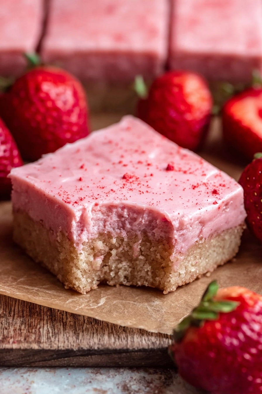 A close-up view of square-shaped dessert bars, each with two layers: the bottom layer is thick and brown with a dense texture, while the top layer is a smooth, light pink frosting with small red specks scattered over it. One bar is stacked on another, with the top bar showing a bite taken out, revealing the moist crumb inside. Around the bars are fresh red strawberries, one whole and one halved, placed on a sheet of parchment on a wooden surface, all set against a white marbled texture background. Photo taken with an iphone --ar 2:3 --v 7 - Strawberry White Chocolate Brownies, strawberry white chocolate dessert, fruity brownie recipe, easy strawberry brownies, summer berry brownies