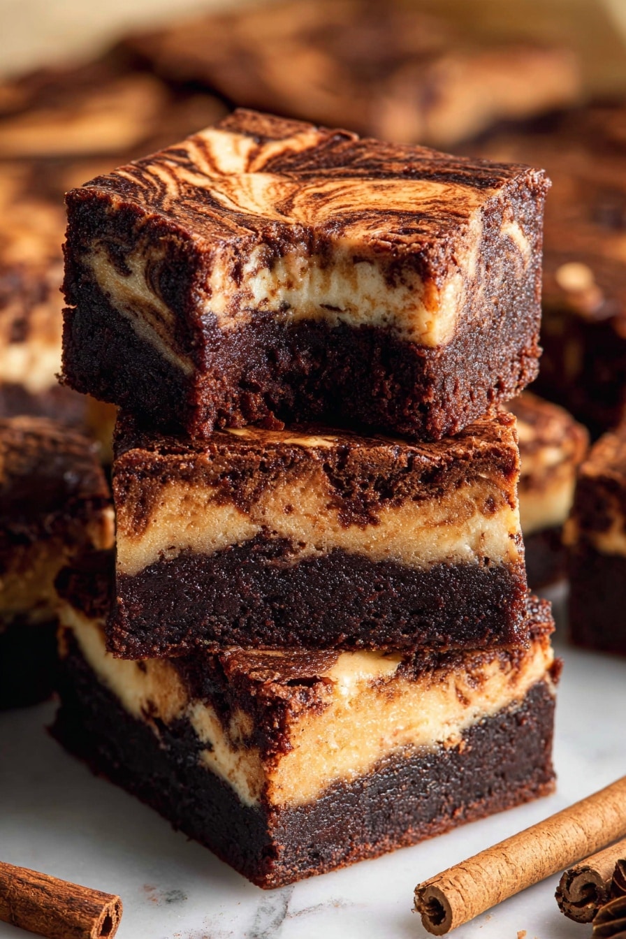 The image shows a close-up of several square brownies placed on a white marbled surface. Each brownie has three visible layers: a dark chocolate bottom layer with a rich, dense texture, a thick middle layer in light peanut butter color that looks smooth and creamy, and a top layer of dark chocolate with a marbled pattern of lighter swirls that add a decorative touch. The brownie in the center is slightly raised and tilted to show the clear layers inside, with smooth edges and a firm texture. Around the brownies, cinnamon sticks and star anise add a warm, cozy feel to the scene. Photo taken with an iphone --ar 2:3 --v 7 - Pumpkin Cheesecake Brownies, Fall Dessert Recipes, Easy Pumpkin Brownies, Chocolate Pumpkin Cheesecake, Holiday Brownie Treats