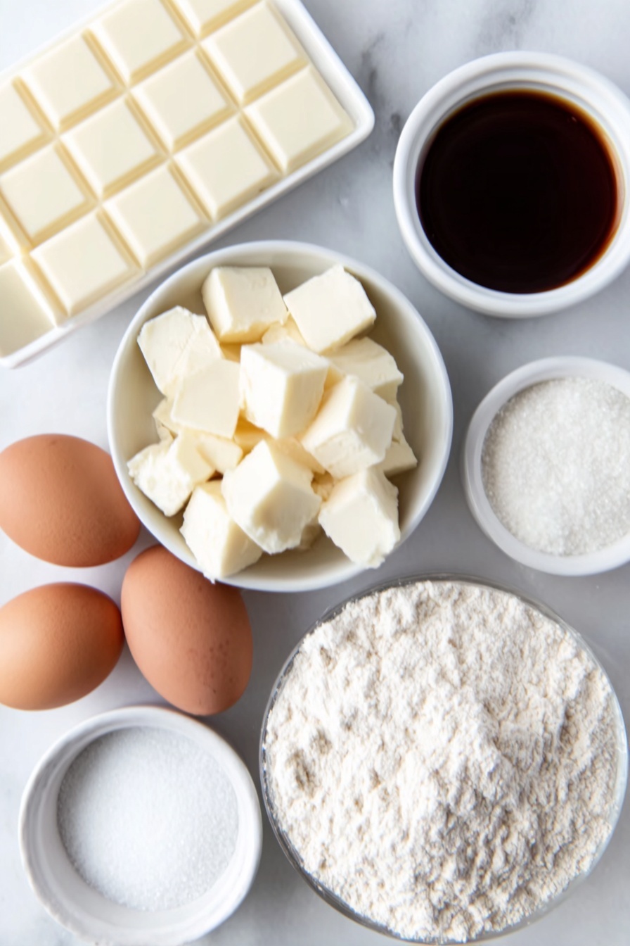 Flat lay of chopped white chocolate bars with a creamy ivory color, small cubes of pale yellow unsalted butter, two whole brown eggs with smooth clean shells, two additional whole egg yolks in a white ceramic bowl, a small white bowl filled with fine white granulated sugar, a small white bowl containing light golden vanilla extract, a mound of finely sifted all-purpose flour in a simple white ceramic bowl, and a small white bowl holding fine sea salt crystals, all arranged with perfect symmetry on a clean white marble surface, soft natural light, photo taken with an iPhone, professional food photography style, fresh ingredients, white ceramic bowls, no bottles, no duplicates, no utensils, no packaging --ar 2:3 --v 7 --p m7354615311229779997 - White Chocolate Brownies, white chocolate brownies recipe, fudgy white chocolate brownies, homemade white chocolate brownies, best white chocolate brownies