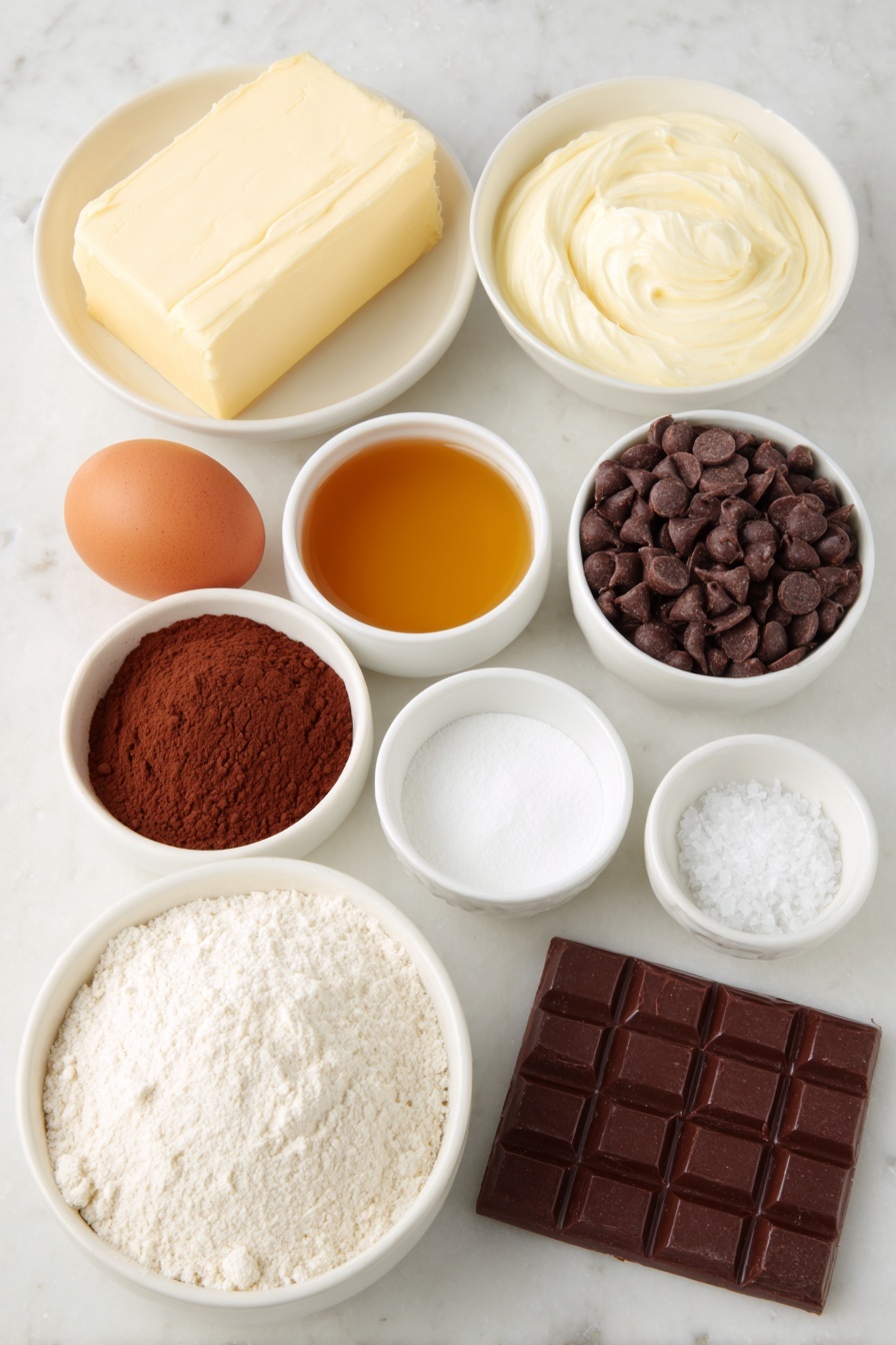 Flat lay of a few tablespoons of softened unsalted butter, a small mound of granulated sugar, one whole uncracked brown egg, a small white bowl filled with creamy buttermilk, a white bowl with golden vanilla extract, a small white bowl containing sifted all purpose flour, another small white bowl with rich Dutch process cocoa powder, a pinch of salt in a tiny white bowl, a small white bowl of baking powder and another small bowl of baking soda, a white bowl holding hot coffee steam rising gently, a wedge of cream cheese, a small white bowl filled with powdered sugar, dark chocolate chips neatly piled in a white bowl, a tiny white bowl with smooth coconut oil, and a small white bowl with flaky sea salt crystals, all arranged symmetrically and naturally on a clean white ceramic surface, placed on a clean white marble surface, soft natural light, photo taken with an iPhone, professional food photography style, fresh ingredients, white ceramic bowls, no bottles, no duplicates, no utensils, no packaging --ar 2:3 --v 7 --p m7354615311229779997 - Chocolate Cake Truffles, chocolate cake truffles recipe, easy chocolate truffles, homemade chocolate truffles, decadent chocolate treats