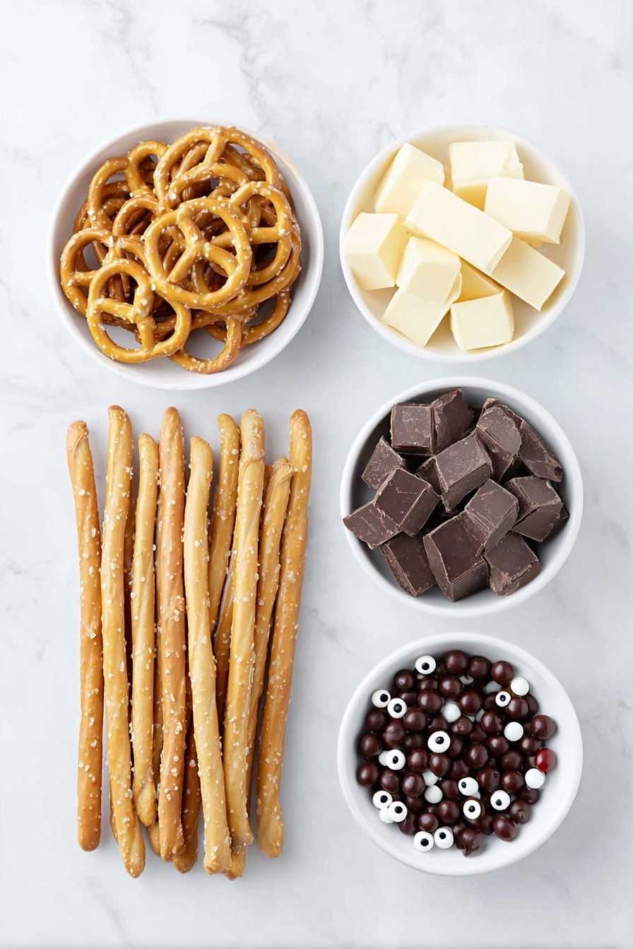Flat lay of large unbroken pretzel rods arranged neatly, a pile of twisted pretzel twists with visible texture, a small white bowl filled with smooth meltable milk chocolate chunks, a small white bowl holding shiny bright red candy pearls, and a small white bowl containing small candy eyeballs with white and black details, all placed in perfect symmetry on a clean white marble surface, soft natural light, photo taken with an iPhone, professional food photography style, fresh ingredients, white ceramic bowls, no bottles, no duplicates, no utensils, no packaging --ar 2:3 --v 7 --p m7354615311229779997 - Reindeer Pretzel Rods with Chocolate and Candy Eyes, Christmas Pretzel Snacks, Holiday Kids Party Treats, Festive Reindeer Snack Ideas, Easy Christmas Cookies and Snacks