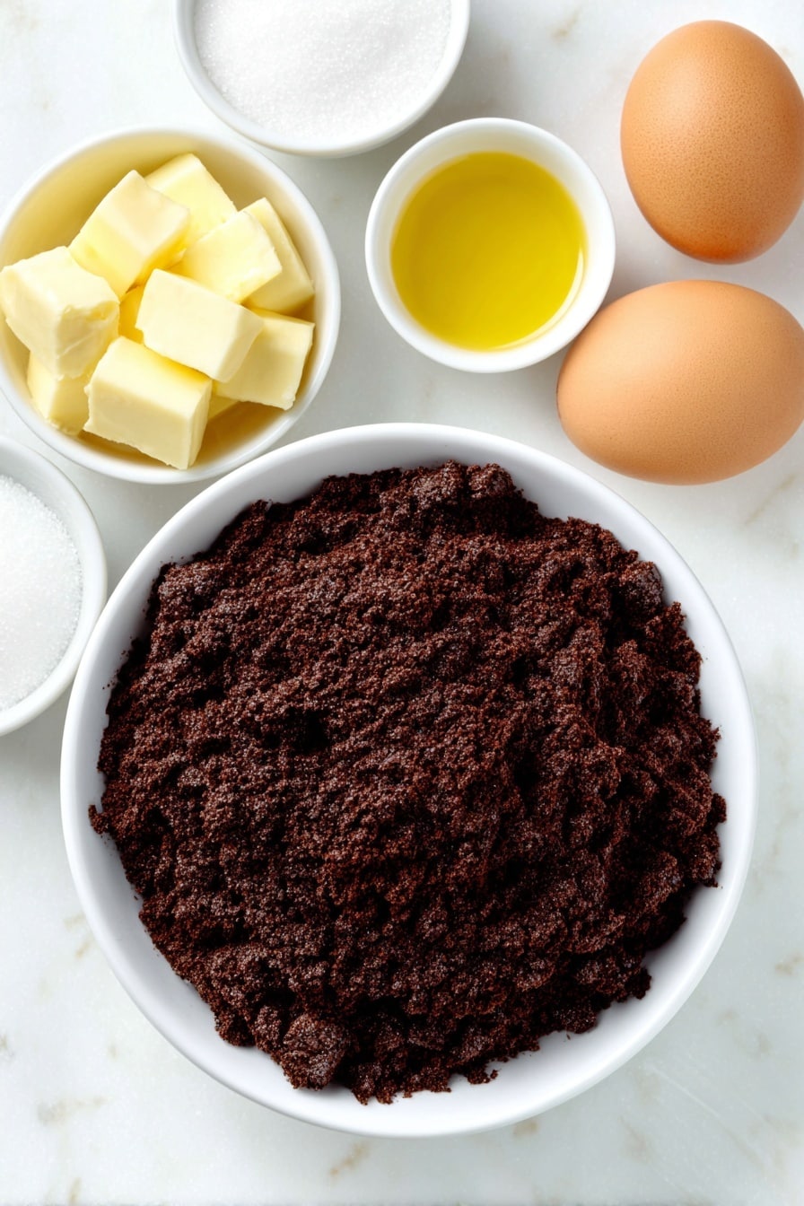 Flat lay of a large white ceramic bowl filled with rich, dark chocolate cake mix powder, two large whole brown eggs with clean shells resting nearby, a small white bowl of melted golden unsalted butter, a small white bowl holding clear, pale vanilla extract, and a small white bowl filled with fine white granulated sugar, all ingredients fresh and natural, perfectly symmetrically arranged on a clean white marble surface, soft natural light, photo taken with an iPhone, professional food photography style, fresh ingredients, white ceramic bowls, no bottles, no duplicates, no utensils, no packaging --ar 2:3 --v 7 --p m7354615311229779997 - Chocolate Cake Mix Cookies, easy chocolate cookie recipe, fudgy cookies with cake mix, chewy chocolate cookies, simple dessert recipes
