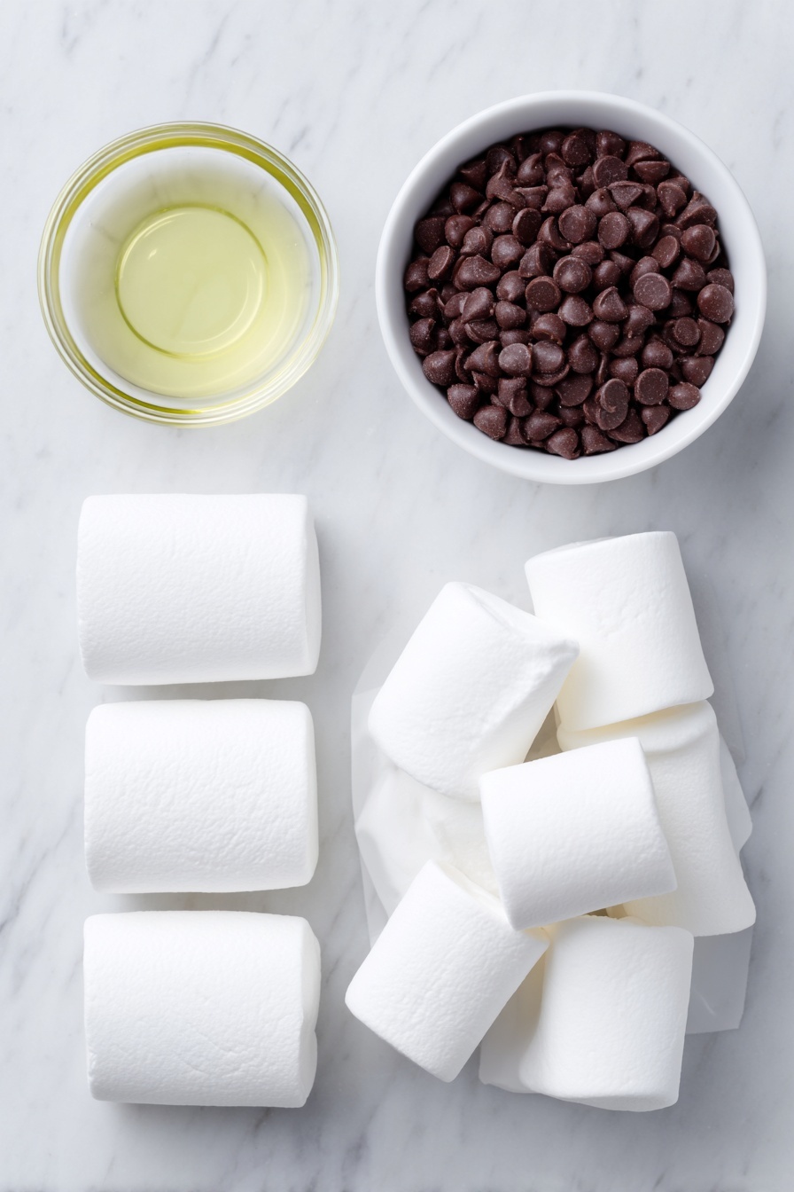 Flat lay of a small white ceramic bowl filled with semi-sweet chocolate chips, a small white ceramic bowl containing clear coconut oil, and a pile of large, fluffy white marshmallows arranged neatly, placed on a clean white marble surface, soft natural light, photo taken with an iPhone, professional food photography style, fresh ingredients, white ceramic bowls, no bottles, no duplicates, no utensils, no packaging --ar 2:3 --v 7 --p m7354615311229779997 - Chocolate Dipped Marshmallows, marshmallow chocolate dip, easy marshmallow treats, homemade chocolate marshmallows, fun holiday desserts