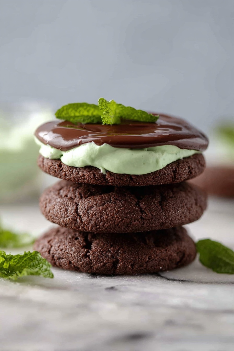 A stack of three dark brown, soft chocolate cookies with a slightly rough texture is shown on a white marbled surface. The top cookie has a thick layer of light green mint cream and a smooth, shiny dark chocolate layer spread on top. Near the cookies, there are fresh green mint leaves adding a fresh touch. The background is blurred with soft white and gray tones, focusing on the cookie stack. photo taken with an iphone --ar 2:3 --v 7 - Mint Brownie Cookies with Chocolate Ganache, mint brownie cookies, chocolate mint cookies, ganache-filled cookies, mint dessert recipes