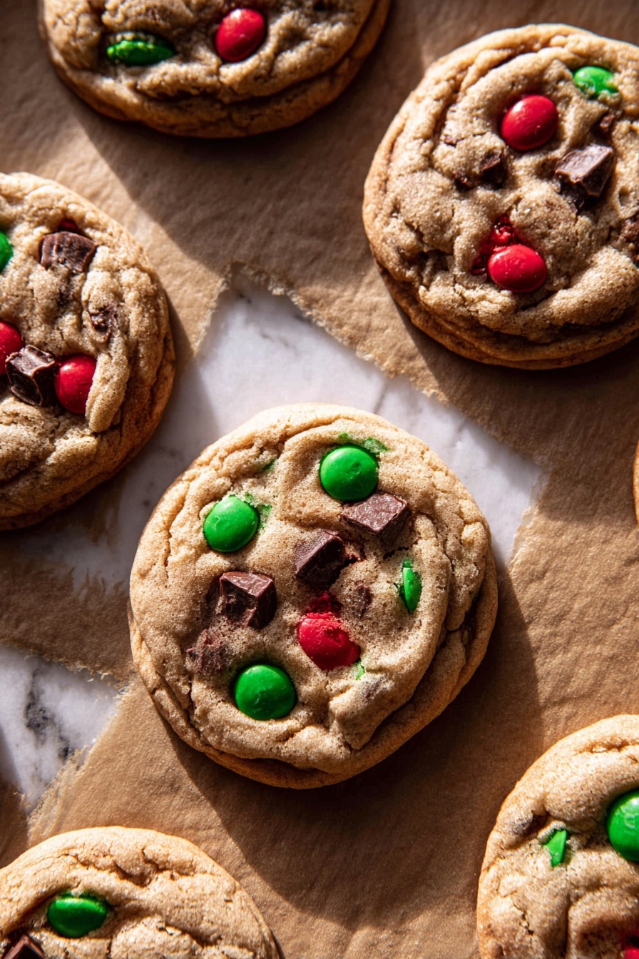 The image shows five thick, round cookies on brown paper, placed on a dark surface dusted with white powdered sugar. Each cookie has a light brown, soft texture with visible cracks and melted chocolate chips scattered inside and on top. Bright red and green candy-coated chocolates and light brown pretzel pieces are embedded in the cookies, adding pops of color. One cookie is partially eaten, revealing its soft inside. In the background, there are small Christmas decorations including a red glittery miniature wagon and a red ornament ball. photo taken with an iphone --ar 2:3 --v 7 - Chewy Christmas Snickerdoodle Cookies, festive holiday cookies, easy snickerdoodle recipe, chocolate and pretzel cookies, holiday baking treats