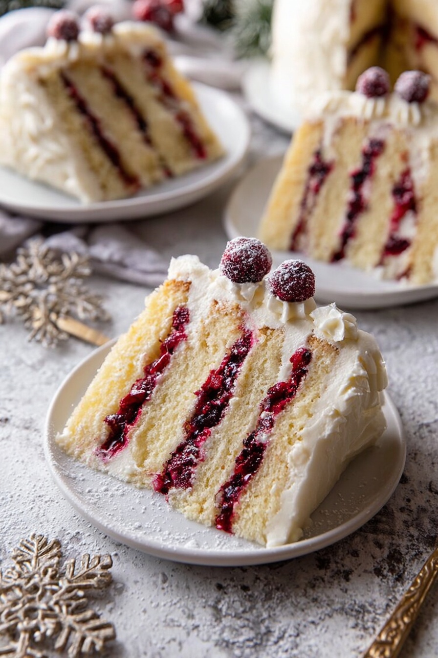 The image shows a close-up of several slices of layered cake on white plates, each slice featuring three layers of soft yellow sponge separated by deep red berry filling and white cream. The outside of the cake is covered in smooth white frosting with two small sugared berries placed on top of the front slice. The slices are placed on a table with a white marbled texture decorated with a light dusting resembling snow and a snowflake pattern. Photo taken with an iphone --ar 2:3 --v 7 - White Cranberry Layer Cake, festive holiday cake, white chocolate cranberry cake, layered cranberry cake recipe, moist vanilla cake with cranberry jam