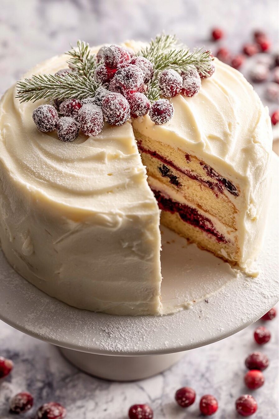 A slice of three-layer yellow cake with white frosting and dark red berry filling between each layer, placed on a white plate. The cake layers have a soft, moist texture with swirls of berry filling visible inside. White frosting covers the outside, with some frosting and berry filling peeking out unevenly around the edges. Next to the main slice is a small piece of cake on the tines of a dark fork. Nearby on the white marbled surface are two more white plates holding additional slices of the same cake, scattered sugared berries, and a deep red ribbon weaving through the scene. The surface is dusted lightly with powdered sugar, creating a soft, wintry atmosphere photo taken with an iphone --ar 2:3 --v 7 - White Cranberry Layer Cake, festive holiday cake, white chocolate cranberry cake, layered cranberry cake recipe, moist vanilla cake with cranberry jam