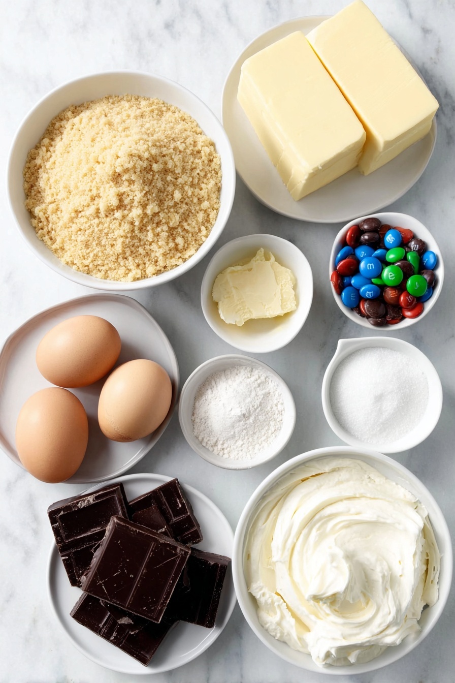 Flat lay of graham cracker crumbs in a simple white ceramic bowl, finely chopped toasted almonds on a small white plate, chopped chocolate-covered Heath bars in a white bowl, dark brown sugar in a small white bowl, uncracked large brown eggs arranged symmetrically, whole cream cheese blocks unwrapped and fresh, small white bowls with vanilla extract and almond extract separately, unsalted butter melted in a small white bowl, granulated white sugar in a small white bowl, unsweetened cocoa powder in a small white bowl, instant coffee powder in a small white bowl, cold heavy whipping cream in a small white bowl, a few chopped Mini Reese’s pieces on a white plate, crushed Holiday M&M’s on a white plate, all ingredients fresh and natural, perfectly balanced and symmetrical layout placed on a clean white marble surface, soft natural light, photo taken with an iPhone, professional food photography style, fresh ingredients, white ceramic bowls, no bottles, no duplicates, no utensils, no packaging --ar 2:3 --v 7 --p m7354615311229779997 - Chocolate Mocha Cheesecake, chocolate mocha dessert, coffee flavored cheesecake, decadent chocolate cheesecake, easy mocha cheesecake recipe
