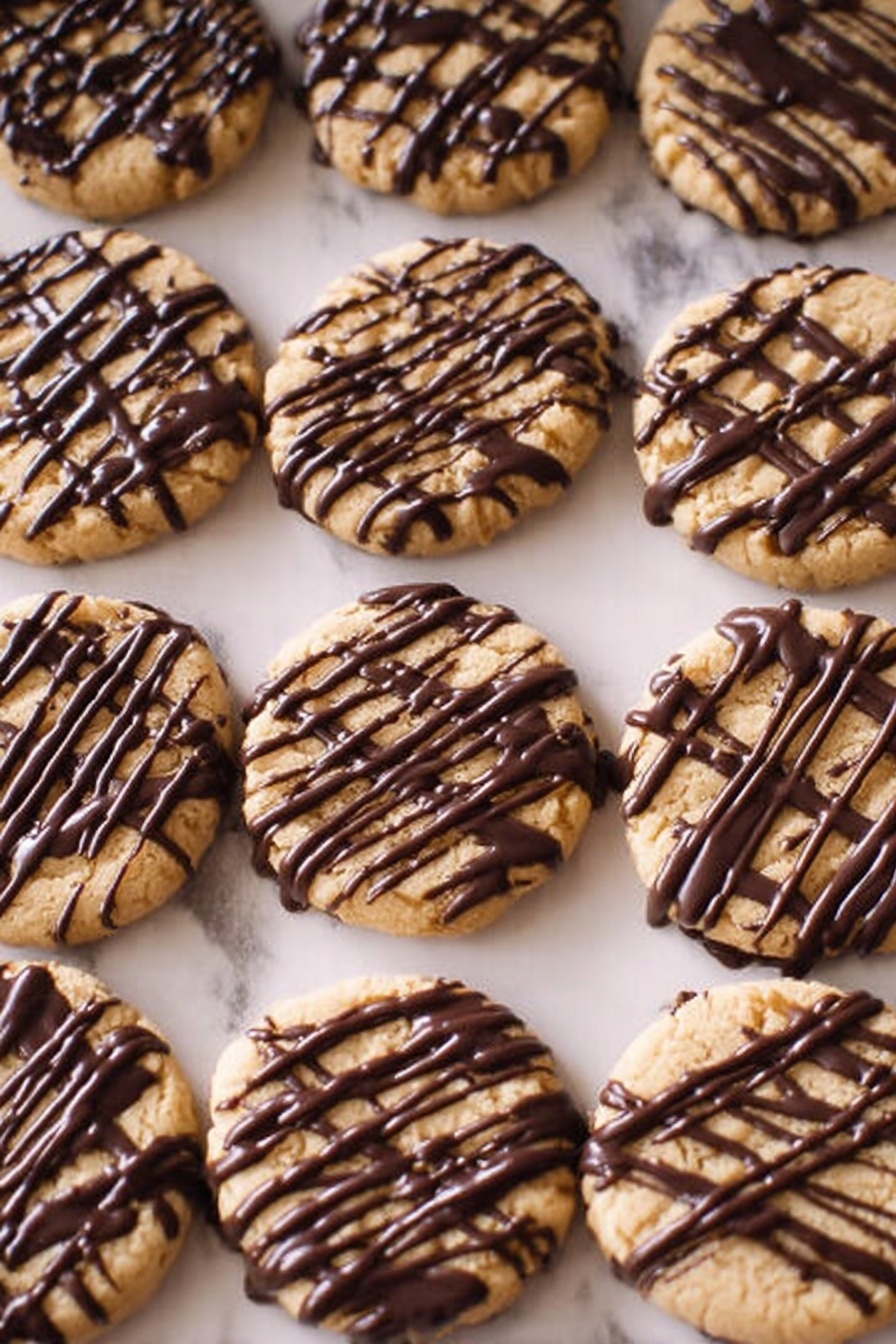 The image shows a stack of three round cookies on a white plate with a colorful diamond pattern around the edge. Each cookie is light brown with a rough texture and has dark brown chocolate drizzled over the top in thin, uneven lines. A purple ribbon with white snowflakes is wrapped loosely around the cookie stack, resting on the top cookie and hanging off the side. The plate is placed on a surface with a white marbled texture. Photo taken with an iphone --ar 2:3 --v 7 - Chocolate Pecan Cookies, chocolate pecan cookie recipe, easy chocolate cookies with pecans, nutty chocolate chip cookies, buttery pecan cookies