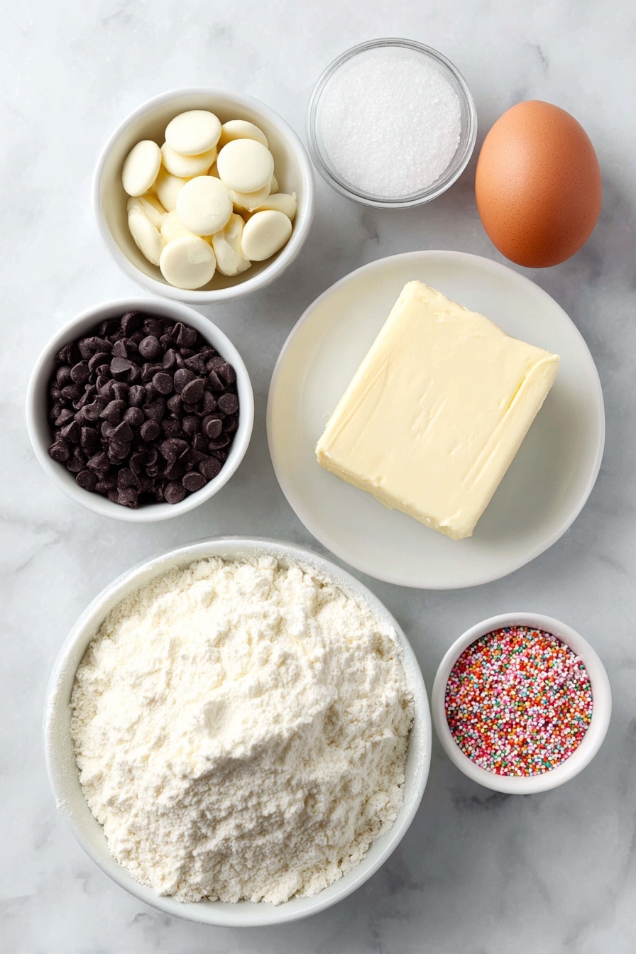 Flat lay of a simple white ceramic bowl filled with smooth white sugar cookie mix powder, a pat of soft unsalted butter on a white ceramic plate, one whole large brown egg with clean uncracked shell, a small white ceramic bowl holding bright white candy melts discs, a small white ceramic bowl with shiny black sugar pearls, a small white ceramic bowl containing vibrant orange candy-coated sunflower seeds, a small white ceramic bowl filled with sparkling white sanding sugar crystals, and a small white ceramic bowl with an assortment of colorful festive sprinkles, all arranged in perfect symmetry and balanced proportions, placed on a clean white marble surface, soft natural light, photo taken with an iPhone, professional food photography style, fresh ingredients, white ceramic bowls, no bottles, no duplicates, no utensils, no packaging --ar 2:3 --v 7 --p m7354615311229779997 - Melted Snowman Sugar Cookies, Christmas cookie ideas, holiday baking recipes, cute winter treats, easy festive cookies