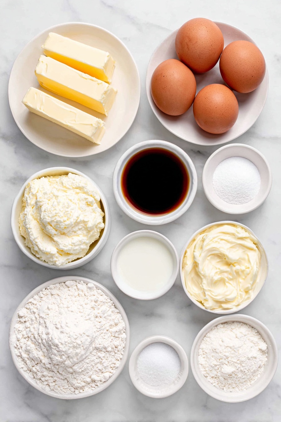 Flat lay of a small white ceramic bowl with softened unsalted butter, a small white ceramic bowl filled with granulated sugar, two whole brown eggs with clean shells placed side by side, a small white ceramic bowl of thick sour cream, a small white ceramic bowl with clear pure vanilla extract, a small mound of all-purpose flour arranged on a smooth white ceramic plate, a small white ceramic bowl containing baking powder, a small white ceramic bowl with baking soda, a small white ceramic bowl filled with fine sea salt, another small white ceramic bowl with sifted confectioners’ sugar, a small white ceramic bowl holding light golden corn syrup, and a small white ceramic bowl with fresh milk, all perfectly arranged in balanced symmetry and realistic proportions, placed on a clean white marble surface, soft natural light, photo taken with an iPhone, professional food photography style, fresh ingredients, white ceramic bowls, no bottles, no duplicates, no utensils, no packaging --ar 2:3 --v 7 --p m7354615311229779997 - Sour Cream Sugar Cookies with Vanilla Frosting, easy sugar cookie recipe, soft sugar cookies, vanilla frosting cookies, classic sugar cookie ideas