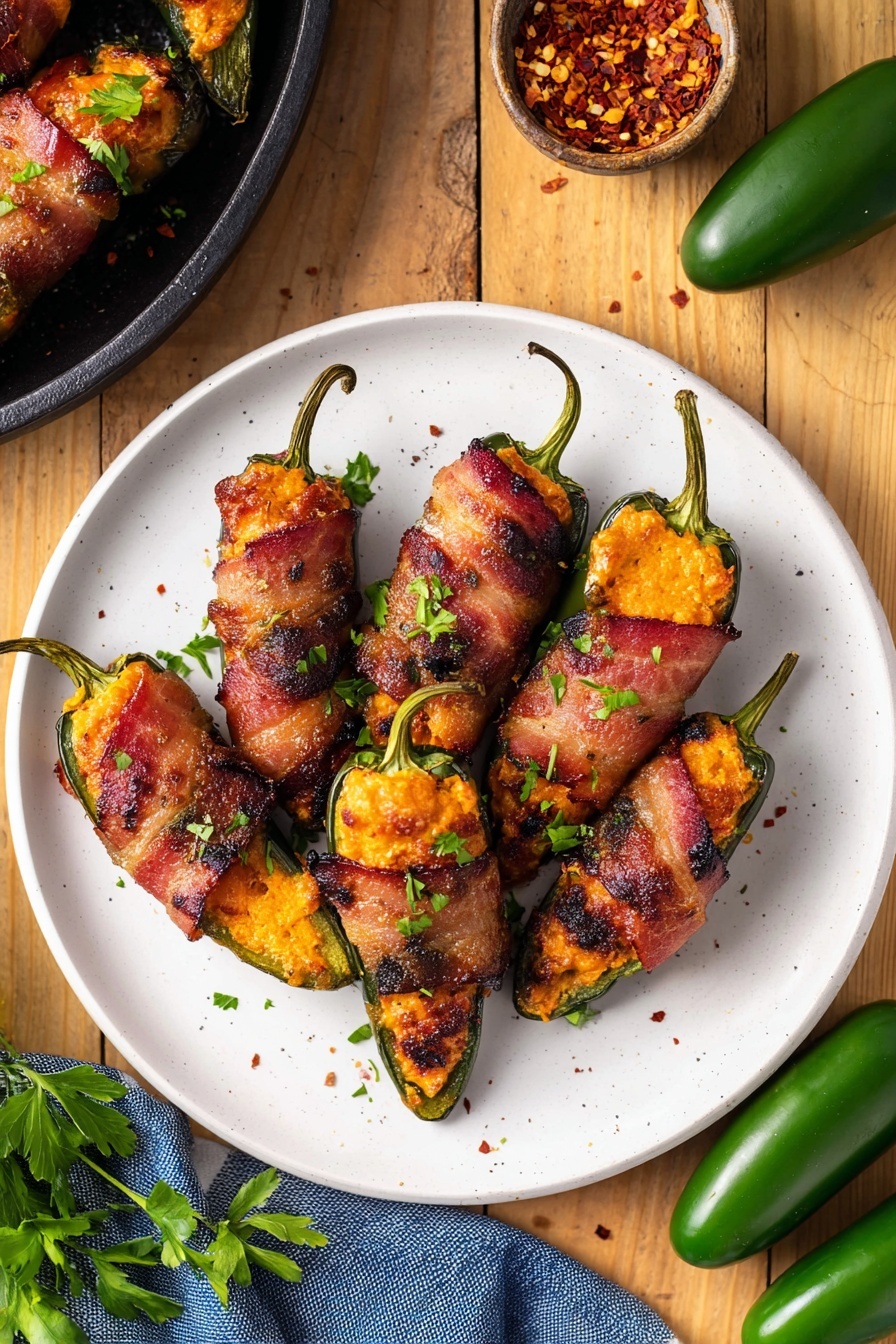 Inside a black air fryer basket, five stuffed jalapeño peppers are arranged in a circle. Each pepper is bright green with wrinkle-textured skin, filled with a golden-orange cheese layer that slightly melts and darkens in spots. All peppers are wrapped in reddish-brown, crispy bacon strips showing some charred edges and shiny fat. Small green parsley leaves are scattered on top of the bacon, adding fresh color contrast. The air fryer basket has a matte black interior with a raised vented bottom. The background surface is a white marbled texture. Photo taken with an iphone --ar 2:3 --v 7 - Air Fryer Bacon Wrapped Jalapeno Poppers, Bacon Jalapeno Poppers, Spicy Jalapeno Appetizers, Easy Air Fryer Snacks, Cheesy Jalapeno Bites