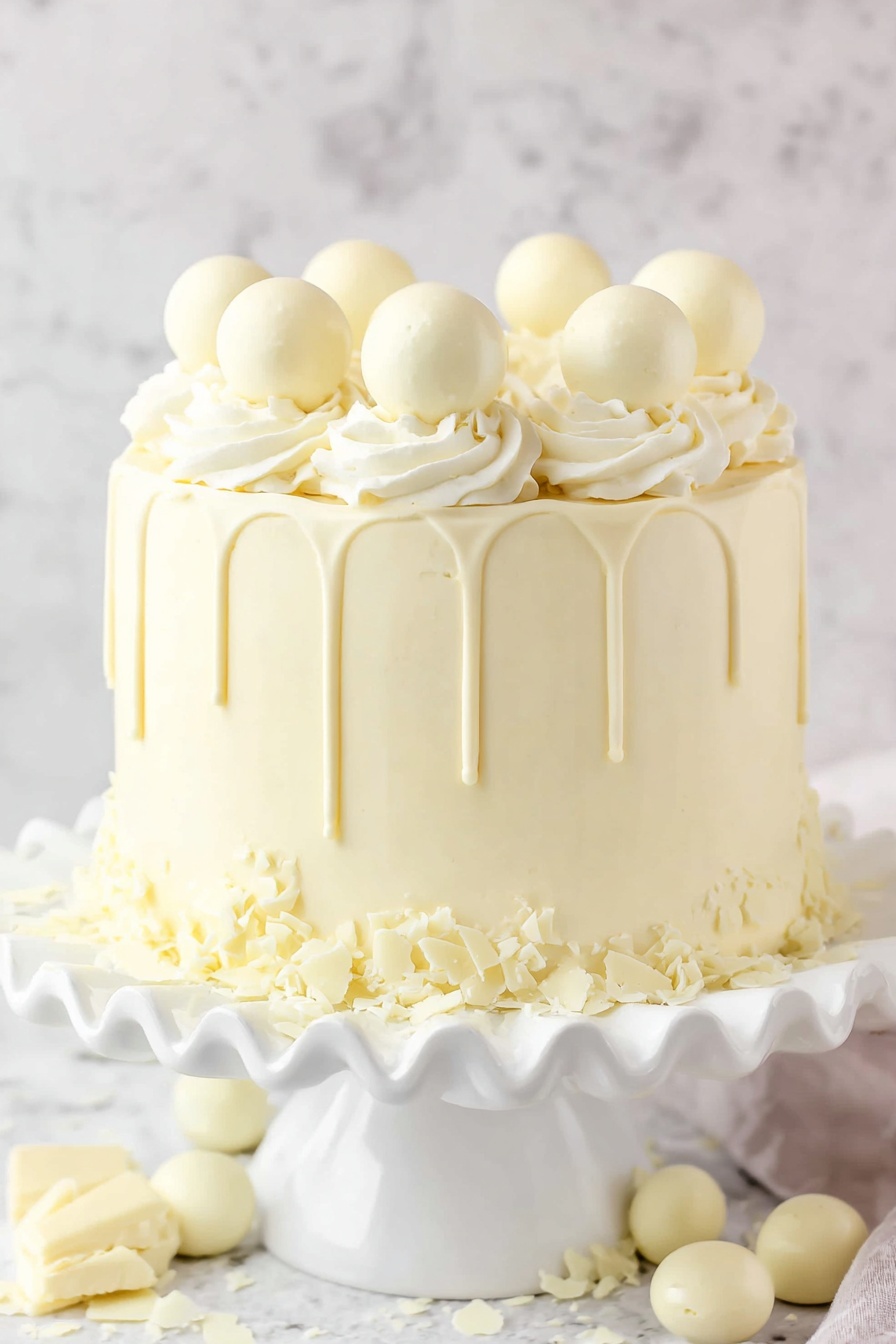 A slice of three-layer yellow cake with creamy white frosting between each layer and on the outside edges sits on a white plate with a cut-out pattern around the edge. The cake layers are moist with a soft crumb texture, and the frosting is smooth and thick, evenly spread. A silver fork is placed next to the slice on the plate. The background is a white marbled texture with another cake slice and a white bowl containing white round candies partially visible. Photo taken with an iphone --ar 2:3 --v 7 - White Chocolate Layer Cake, white chocolate cake recipe, elegant layered cake, easy white chocolate dessert, bakery-style cake easy to make