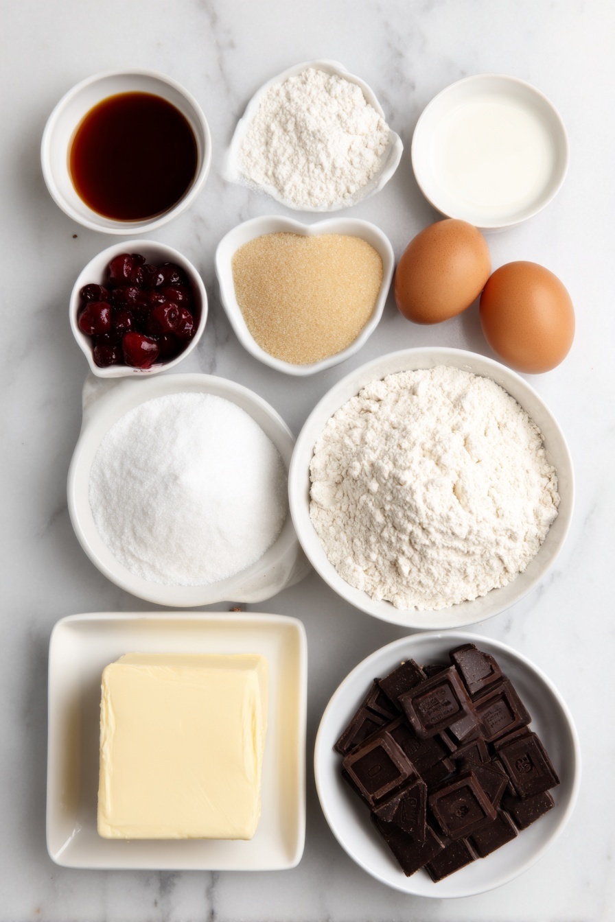 Flat lay of a small mound of all-purpose flour, a few teaspoons of cornstarch and baking soda arranged in small piles, a pinch of fine salt, a mound of semi-sweet chocolate chips, a large square of unsalted butter, a small heap of light brown sugar, a small pile of granulated sugar, two whole brown eggs with clean shells, small white bowls containing vanilla extract, almond extract, and bright pink gel food coloring, a small white bowl holding finely chopped fresh maraschino cherries with some whole cherries beside it, all placed on a clean white marble surface, soft natural light, photo taken with an iPhone, professional food photography style, fresh ingredients, white ceramic bowls, no bottles, no duplicates, no utensils, no packaging --ar 2:3 --v 7 --p m7354615311229779997 - Maraschino Cherry Chocolate Chip Cookies, Cherry Chocolate Chip Cookies, Easy Cherry Cookies, Juicy Cherry Cookies, Festive Cookie Recipes