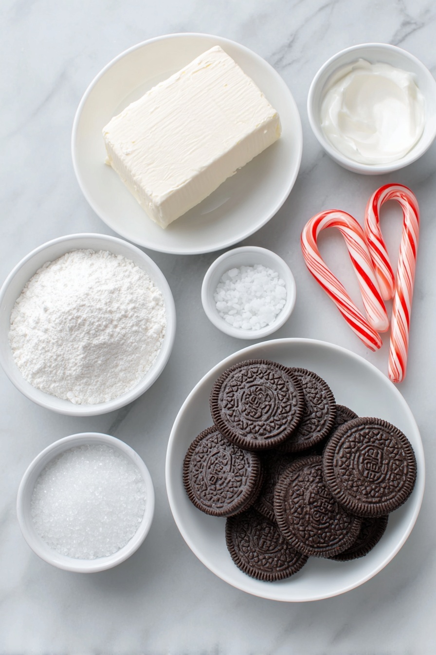 Flat lay of a pile of whole, uncracked brown Oreo cookies, a block of soft cream cheese on a simple white ceramic plate, bright red candy melts in a small white bowl, fine powdered sugar in another small white bowl, a small white bowl with meringue powder, a small white bowl with clear water, white sanding sugar crystals in a small white bowl, and a simple white ceramic plate holding a red and white candy cane shaped cookie cutter, placed on a clean white marble surface, soft natural light, photo taken with an iPhone, professional food photography style, fresh ingredients, white ceramic bowls, no bottles, no duplicates, no utensils, no packaging --ar 2:3 --v 7 --p m7354615311229779997 - Candy Cane Oreo Balls, Christmas Oreo balls, holiday sweet treats, easy holiday desserts, festive candy cane desserts