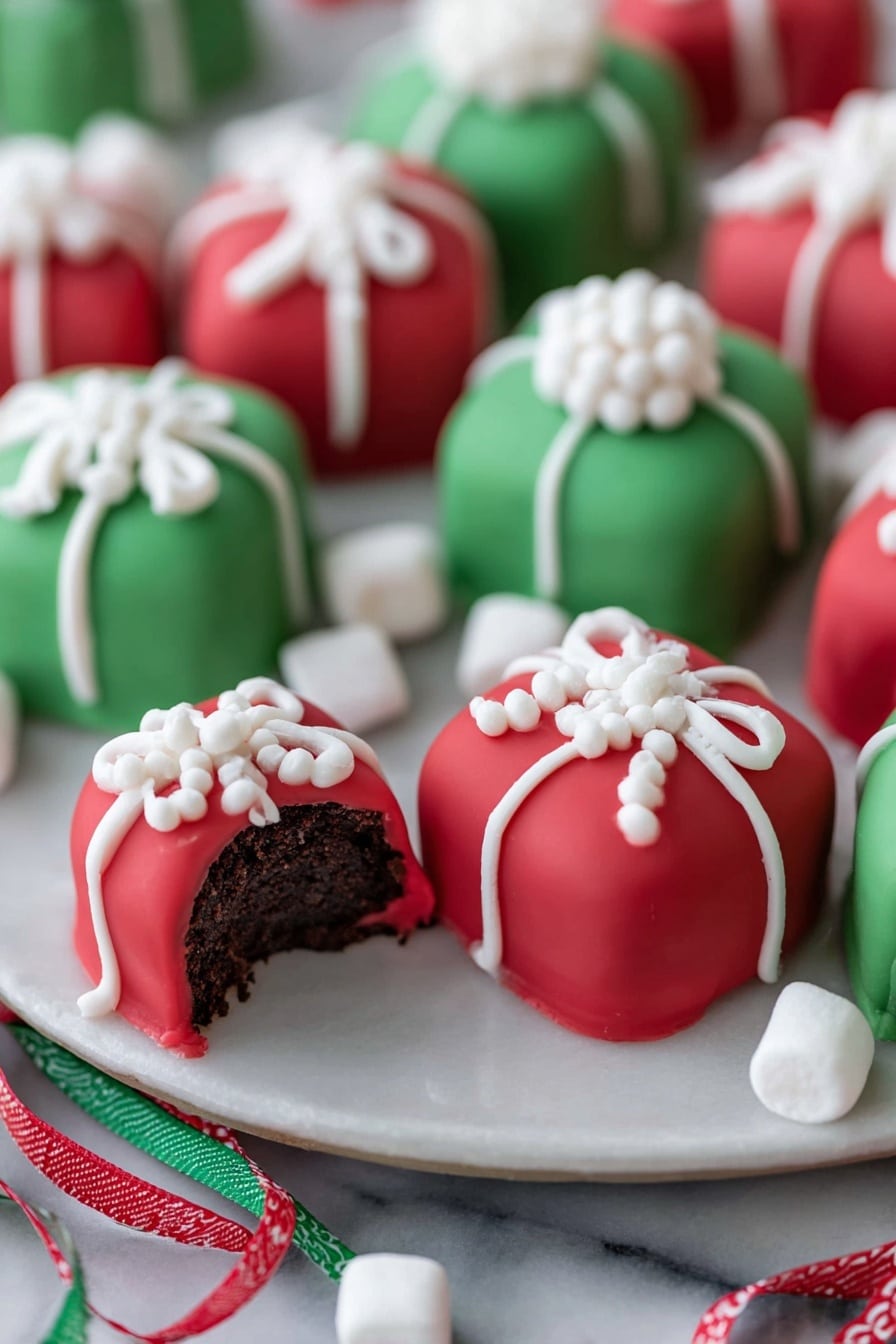 The image shows small round cake bites decorated like Christmas presents on a white plate, placed on white marbled texture. Each cake bite is covered in smooth red or green icing, with white icing lines made to look like ribbons. On top, there are white icing bows or clusters of small white sugar balls meant to look like gift decorations. One red cake bite in the front has a bite taken out, showing a dark brown, soft cake inside. Around the plate, there are small white marshmallows and red and green paper strips that look like shredded gift wrap. photo taken with an iphone --ar 2:3 --v 7 - Christmas Oreo Balls, festive Oreo truffles, holiday dessert bites, easy Christmas treats, colorful candy melt candies