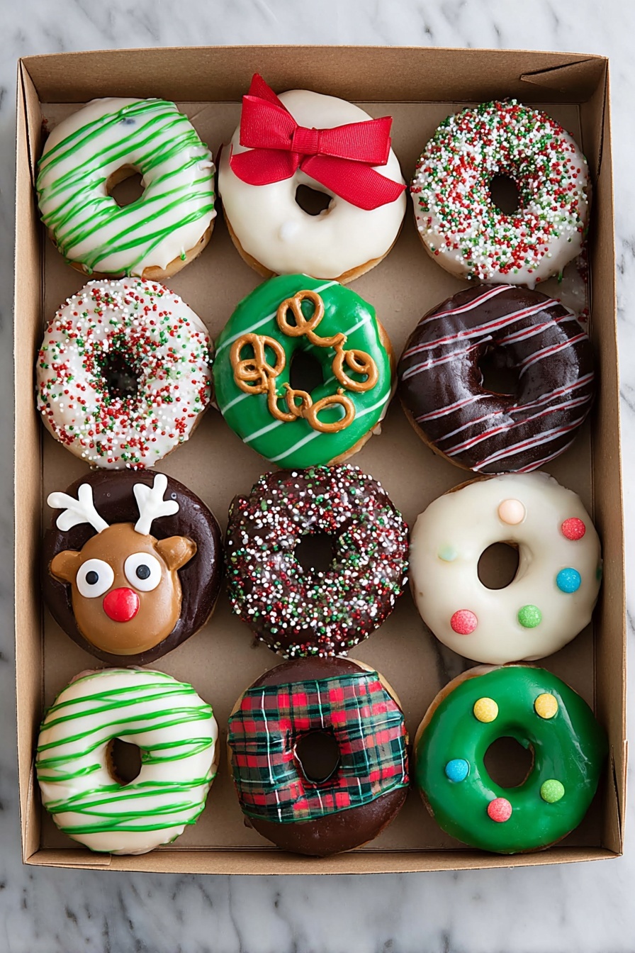 A group of ten decorated donuts is shown on a white marbled background. One donut has a smooth dark chocolate glaze with two small pretzels on top as ears, two round white eyes, and a red candy nose in the center, making it look like a reindeer. Other donuts include one with white icing and red, green, and white sprinkles, one with dark chocolate icing and red, green, and white sprinkles, and one with green icing with red and white striped lines. Another has white icing with green lines and small colorful candy dots arranged like Christmas lights. Another donut features white icing with red and green sprinkles, and yet another has white icing with red and green crisscross lines. The donuts are arranged closely together in rows on the flat surface. photo taken with an iphone --ar 2:3 --v 7 - Festive Christmas Donuts with Colorful Glazes, Christmas holiday donuts, easy holiday donut recipe, baked Christmas donuts, colorful holiday treats