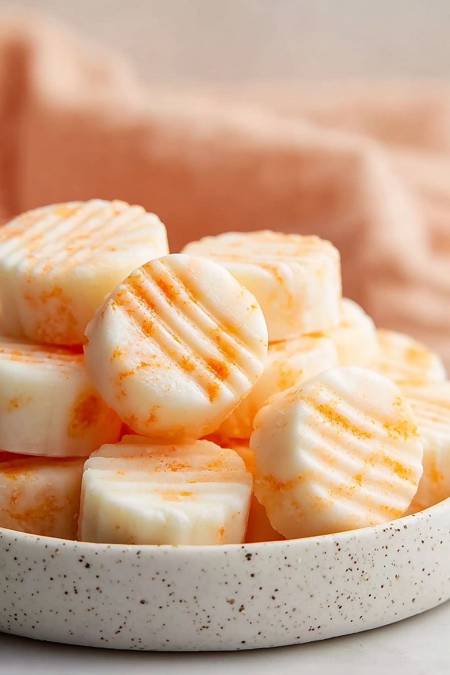 The image shows a close-up of multiple small, round white cookies stacked on a white plate. Each cookie has three shallow ridges across the top, with light orange crumbs or specks embedded inside and on the surface of the cookies, giving them a slightly textured look. The cookies appear soft and slightly powdery with a consistent thickness, and the background is a white marbled texture. Photo taken with an iphone --ar 2:3 --v 7 - Orange Cream Cheese Mints, orange cream cheese candies, citrus cream cheese mints, holiday orange mints, creamy citrus candy