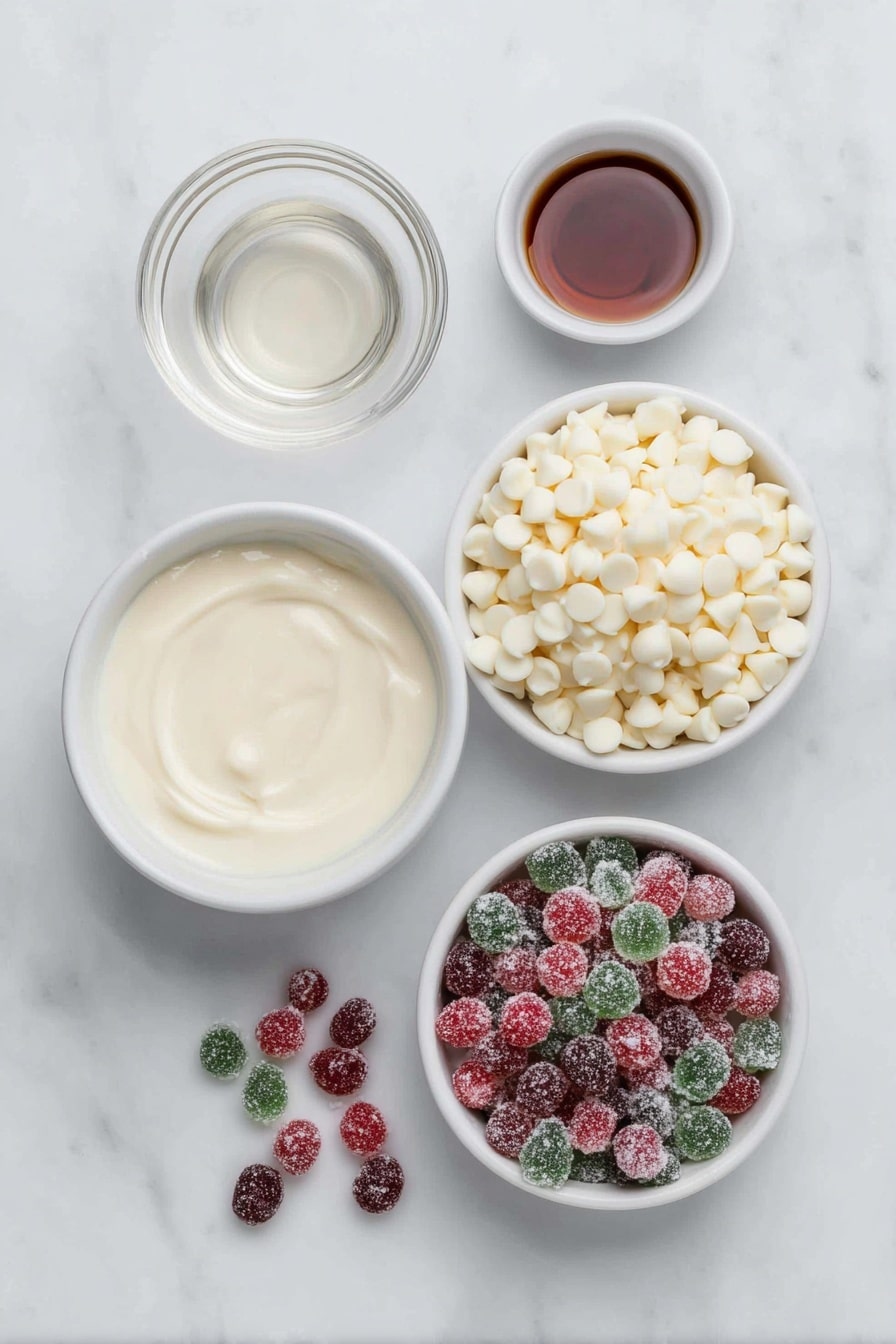 Flat lay of a small mound of glossy white chocolate chips, a small white ceramic bowl filled with creamy sweetened condensed milk, a tiny white bowl holding clear vanilla extract, a neat pile of fresh, vibrant red and green gumdrops scattered naturally, all arranged in perfect symmetry on a clean white marble surface, soft natural light, photo taken with an iPhone, professional food photography style, fresh ingredients, white ceramic bowls, no bottles, no duplicates, no utensils, no packaging --ar 2:3 --v 7 --p m7354615311229779997 - Gumdrop White Chocolate Fudge, colorful fudge recipes, easy holiday fudge, no-bake festive treats, white chocolate candy fudge