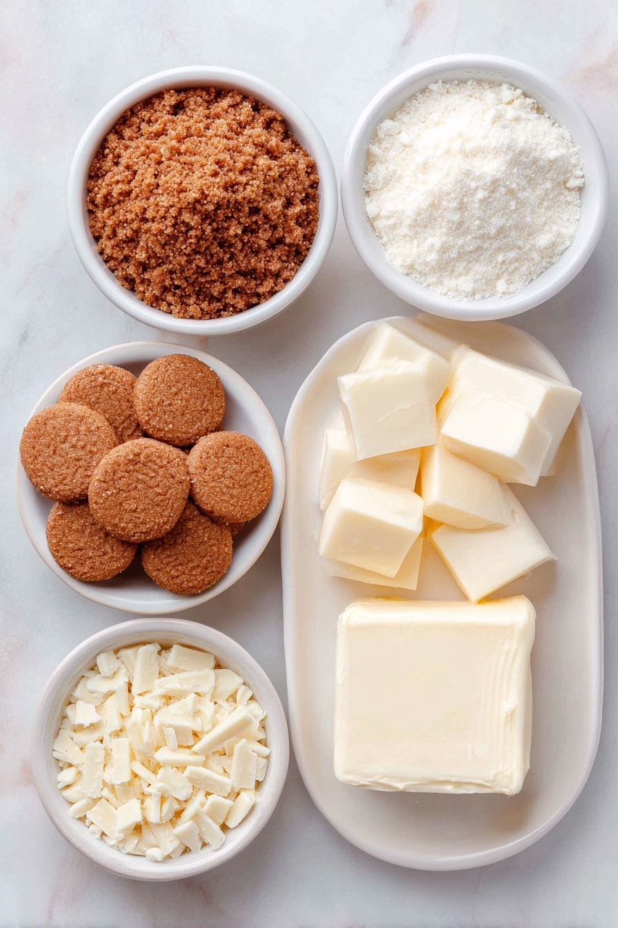 Flat lay of crushed Biscoff cookies in a small white ceramic bowl, a few whole Biscoff cookies arranged neatly, a small white bowl with creamy Biscoff cookie butter, a block of softened cream cheese on a simple white plate, finely chopped white chocolate pieces scattered on a white ceramic plate, all ingredients fresh and natural, perfectly balanced and symmetrical layout, placed on a clean white marble surface, soft natural light, photo taken with an iPhone, professional food photography style, fresh ingredients, white ceramic bowls, no bottles, no duplicates, no utensils, no packaging --ar 2:3 --v 7 --p m7354615311229779997 - Biscoff Cookie Butter Truffles, easy Biscoff truffles, no-bake cookie butter candies, Biscoff dessert recipes, caramel-spiced truffles