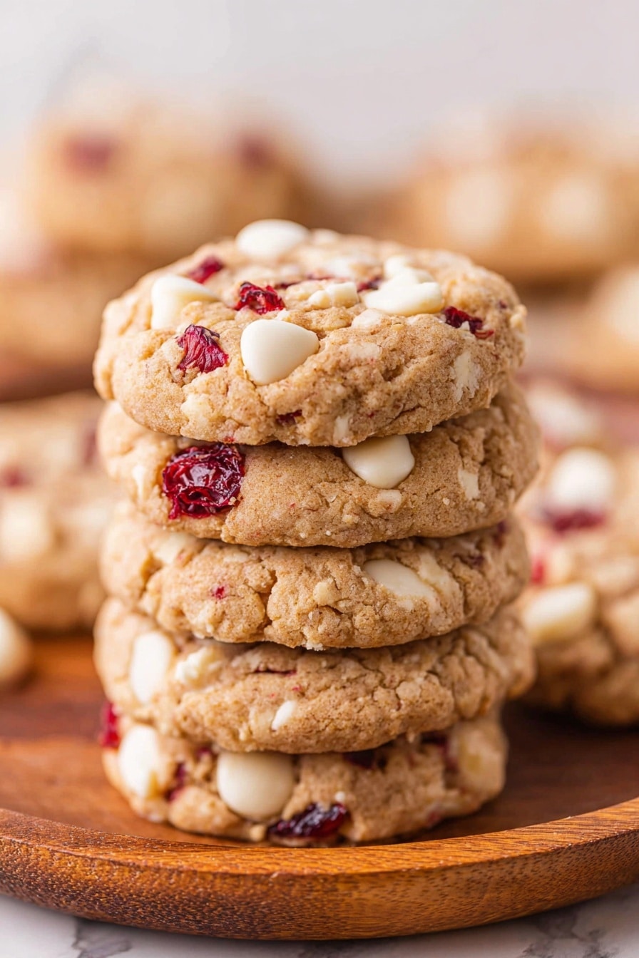 A stack of five round cookies sits on a wooden plate over a white marbled surface, each cookie showing a rough texture with visible white heart-shaped chips and red dried fruit pieces embedded throughout the light brown dough. The cookies have a slightly bumpy, soft appearance with pieces spread naturally on and inside each cookie. More cookies are blurred in the background, enhancing the focus on the stack in the front. Photo taken with an iphone --ar 2:3 --v 7 - White Chocolate Cranberry Oatmeal Cookies, cranberry oatmeal cookies, white chocolate cookies, easy holiday cookies, chewy oatmeal cookies