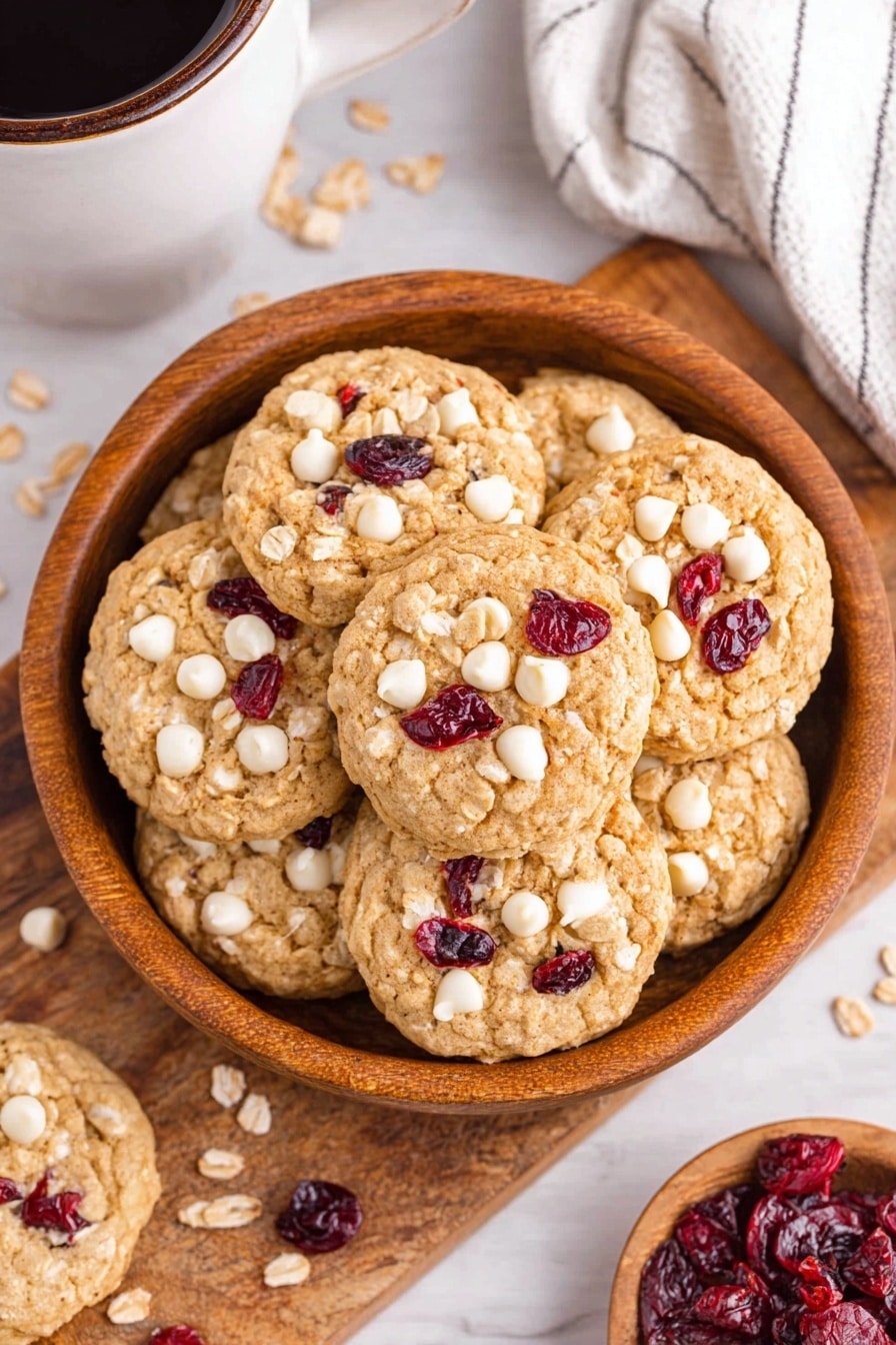 A brown wooden bowl filled with about two layers of round oatmeal cookies that are light brown in color with a rough texture, each cookie topped with scattered white chocolate chips and dark red dried cranberries, placed on a white marbled surface with some oatmeal flakes and dried cranberries scattered around. A white bowl with dried cranberries and a white-striped cloth are nearby, along with a white mug filled with black coffee at the top left corner. Photo taken with an iphone --ar 2:3 --v 7 - White Chocolate Cranberry Oatmeal Cookies, cranberry oatmeal cookies, white chocolate cookies, easy holiday cookies, chewy oatmeal cookies