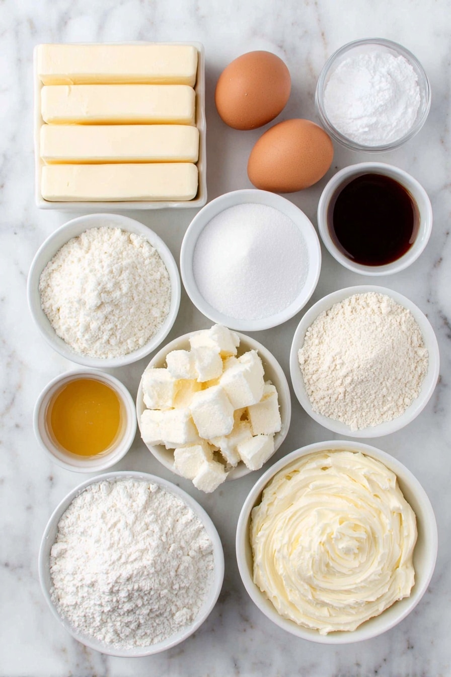 Flat lay of a small white ceramic bowl of soft unsalted butter, a small white ceramic bowl of fine confectioners sugar, a few whole uncracked brown eggs with clean shells, a small white ceramic bowl of all-purpose flour, a small white ceramic bowl of fine salt, a small white ceramic bowl containing clear vanilla extract, and a few colorful sprinkles scattered neatly beside the bowls, all arranged in perfect symmetry on a clean white marble surface, soft natural light, photo taken with an iPhone, professional food photography style, fresh ingredients, white ceramic bowls, no bottles, no duplicates, no utensils, no packaging --ar 2:3 --v 7 --p m7354615311229779997 - Christmas Shortbread Cookies, festive holiday cookies, buttery shortbread recipe, easy Christmas cookie recipe, holiday baking ideas