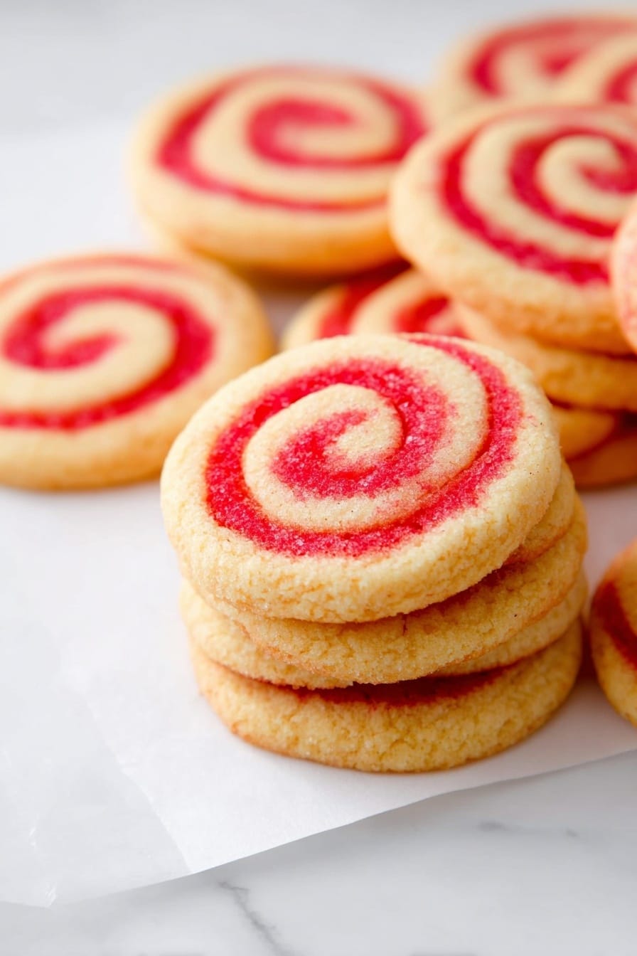 The image shows a stack of round cookies with a bright red spiral pattern on top, placed on a white cloth over a white marbled surface. The cookies have two visible layers: the base is a light golden brown with a soft texture, and the top layer features the vivid red spiral, smooth and slightly raised. Around the stack are a few single cookies scattered on the cloth, with the red spirals clearly visible. The lighting is bright and natural, enhancing the warm colors of the cookies. photo taken with an iphone --ar 2:3 --v 7 - Peppermint Pinwheel Cookies, Christmas cookies, holiday cookie recipes, festive peppermint cookies, easy cookie recipes