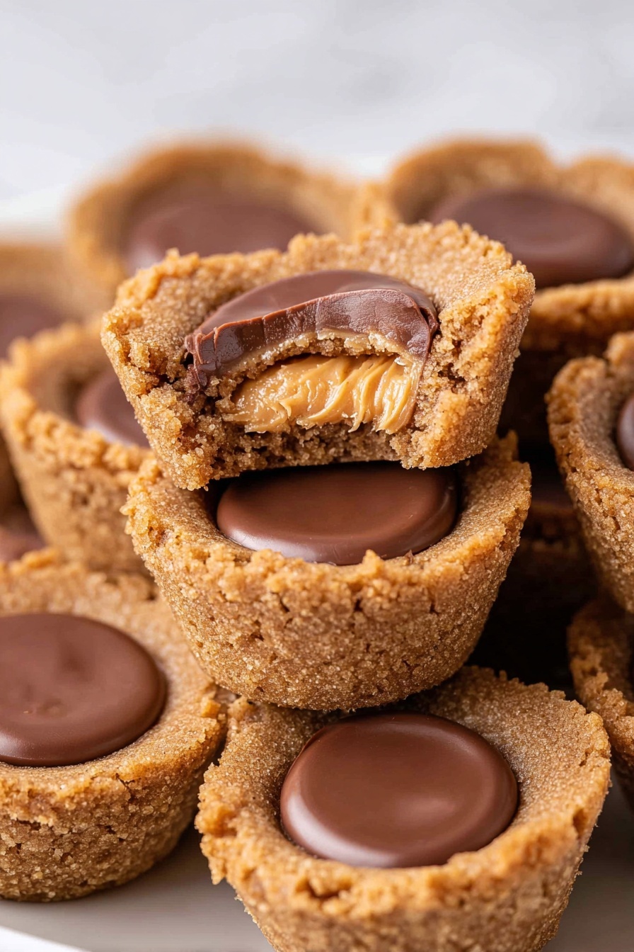 The image shows several small cookie cups arranged in rows on a black cooling rack over a white marbled surface. Each cookie cup has one layer of golden-brown, crumbly textured cookie forming a cup shape, and inside each cup rests a smooth, round milk chocolate peanut butter cup small candy, fitting snugly on top. The cookie cups have a slightly rough surface with a sturdy appearance, and the chocolate layer is shiny and flat, contrasting with the cookie's coarse texture. photo taken with an iphone --ar 2:3 --v 7 - Peanut Butter Cup Cookies, peanut butter cookies, easy cookie recipes, quick dessert ideas, soft peanut butter cookies