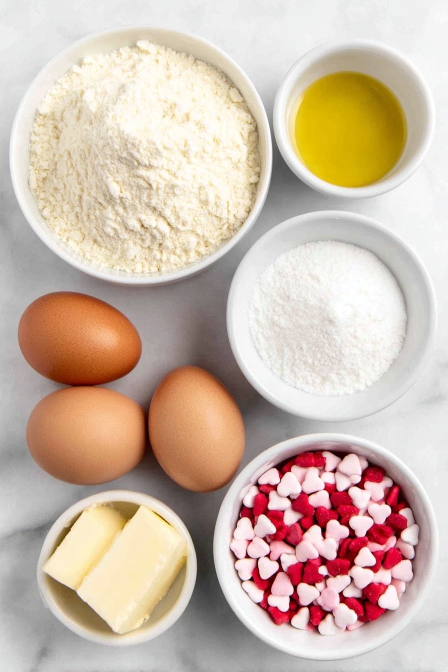 Flat lay of a small mound of fine vanilla cake mix, two large whole eggs with clean shells, a small white ceramic bowl of golden vegetable oil, a small white ceramic bowl of clear green gel food coloring, a small white ceramic bowl of pure white confectioners sugar, a small white ceramic bowl of white cornstarch powder, and a neat pile of colorful red and pink heart-shaped candy sprinkles, all arranged in perfect symmetry on a simple white ceramic plate and bowls, placed on a clean white marble surface, soft natural light, photo taken with an iPhone, professional food photography style, fresh ingredients, white ceramic bowls, no bottles, no duplicates, no utensils, no packaging --ar 2:3 --v 7 --p m7354615311229779997 - Grinch Heart Cake Mix Cookies, festive green cookies, easy holiday cookie recipe, adorable Christmas treats, soft cake mix cookies