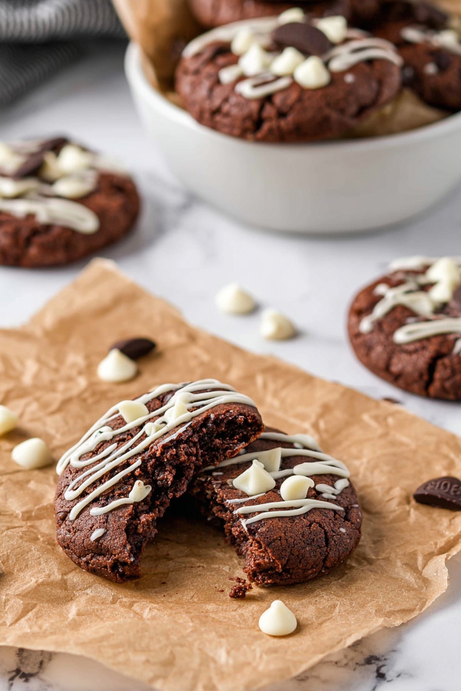A white plate holds eight thick, round chocolate cookies stacked unevenly, showing a cracked, textured dark brown surface with visible chunks of melted chocolate. Each cookie is decorated on top with small dollops of white chocolate and thin, uneven white chocolate drizzle lines crossing over them. The plate rests on a white marbled surface scattered with a few white chocolate chips, and a black and white striped cloth is visible in the top left corner. photo taken with an iphone --ar 2:3 --v 7 - Mint Chocolate Brownie Cookies, chocolate mint cookies, fudgy brownie cookies, peppermint chocolate cookies, chewy mint cookies
