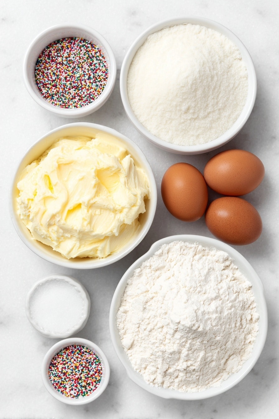 Flat lay of a small pile of unsalted butter sticks, a small mound of white shortening, a white ceramic bowl filled with granulated sugar, two large brown eggs with clean shells, a small white bowl of golden vanilla extract, a neat heap of all-purpose flour, a small white bowl containing pale yellow instant vanilla pudding mix powder, white ceramic bowl with baking powder, a small pile of fine salt crystals, a white ceramic bowl holding confectioners sugar, a small white bowl filled with heavy cream, a smooth mound of pale yellow unsalted butter for frosting, a small white bowl with vanilla extract for frosting -- arranged symmetrically on a clean white marble surface, soft natural light, photo taken with an iPhone, professional food photography style, fresh ingredients, white ceramic bowls, no bottles, no duplicates, no utensils, no packaging --ar 2:3 --v 7 --p m7354615311229779997 - Frosted Christmas Cookies, Christmas Cookies Recipe, holiday cookies with frosting, soft buttery Christmas cookies, festive decorated cookies