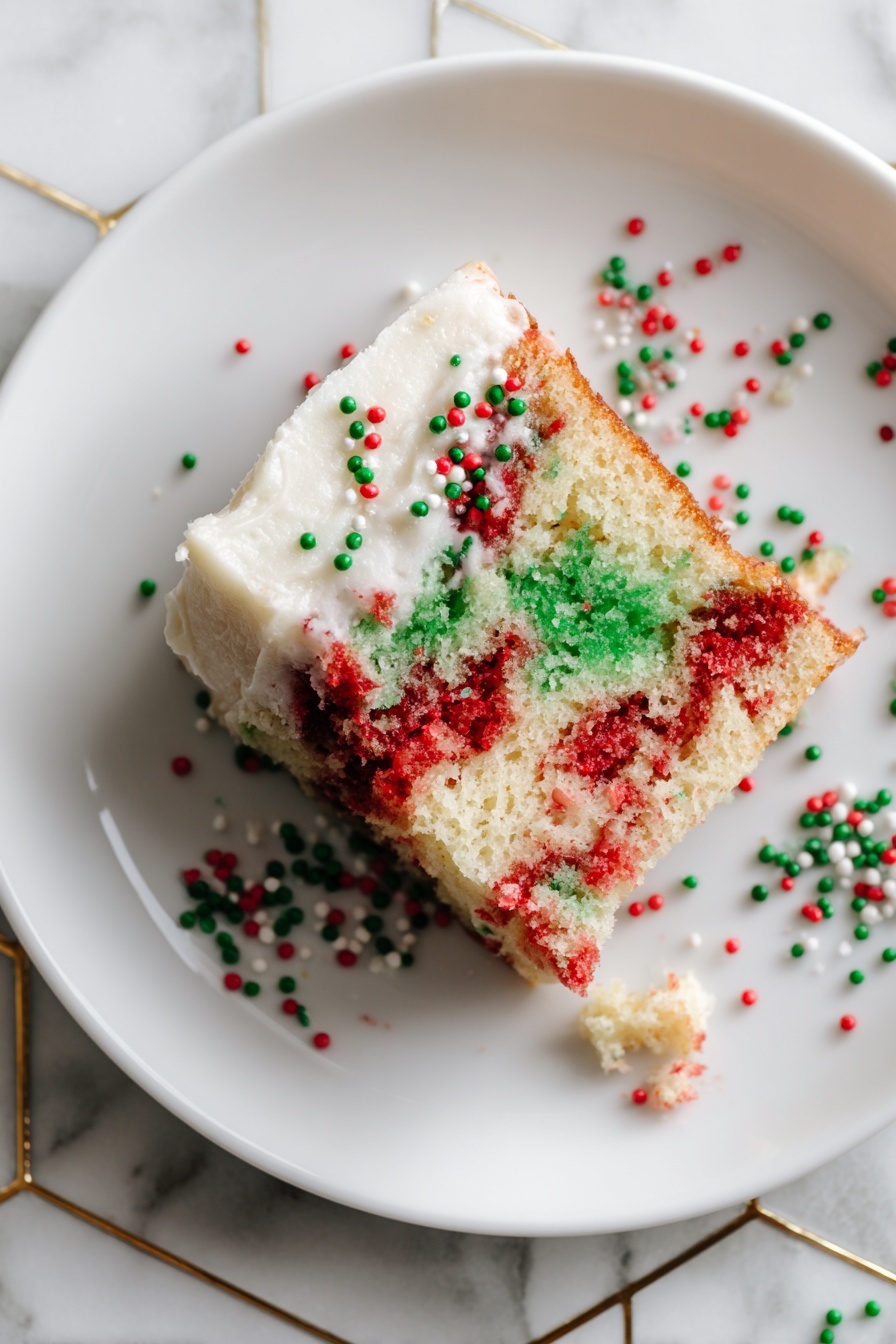 A close-up of a square piece of cake held by a woman's hand using a silver fork, showing three visible layers inside: a light pink layer on the right, a light green layer in the middle, and a light cream layer. On top, a thick layer of smooth white frosting is spread evenly, decorated with red, green, and white sprinkles. The background has a white marbled texture. Photo taken with an iphone --ar 2:3 --v 7 - Festive Jello Poke Cake, easy holiday dessert, colorful jello cake, party dessert recipes, no-bake jello cake